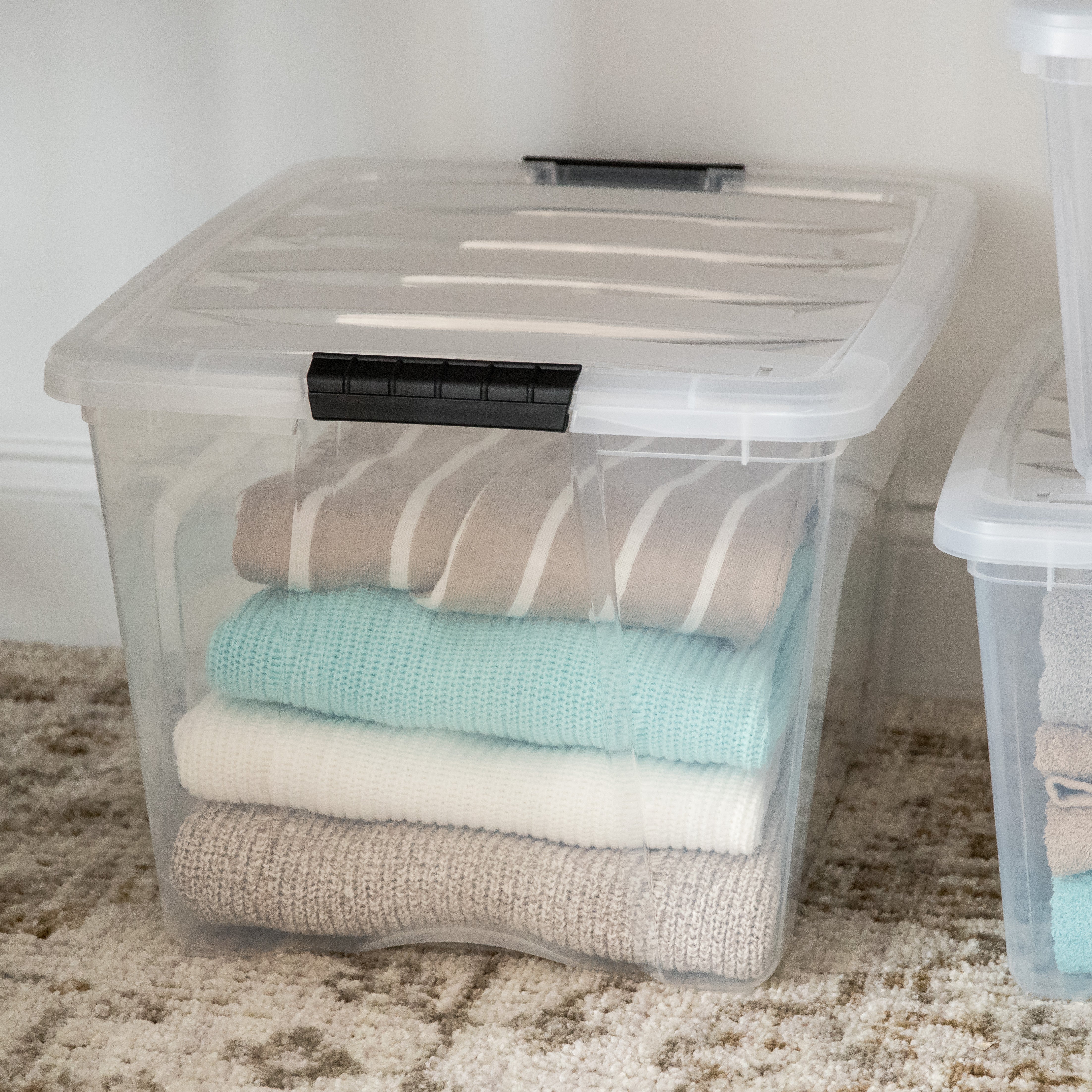 19, 32, and 53 Quart Stack & Pull® Box, Clear with Black Handles, Nestable and Stackable - Image 3