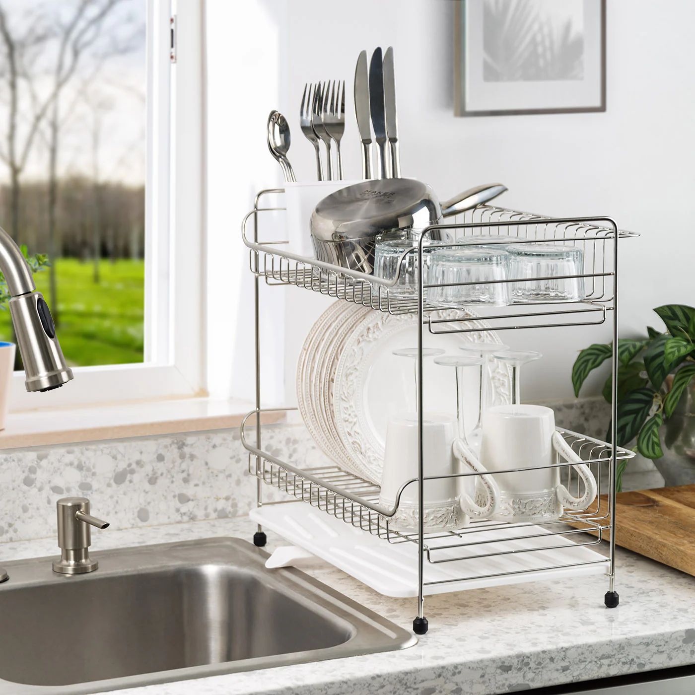 2-tier Medium Dish Rack with Drain Spout Black - Image 11