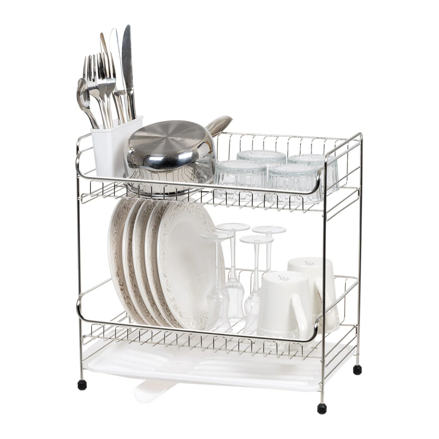 2-tier Medium Dish Rack with Drain Spout Black - Image 12