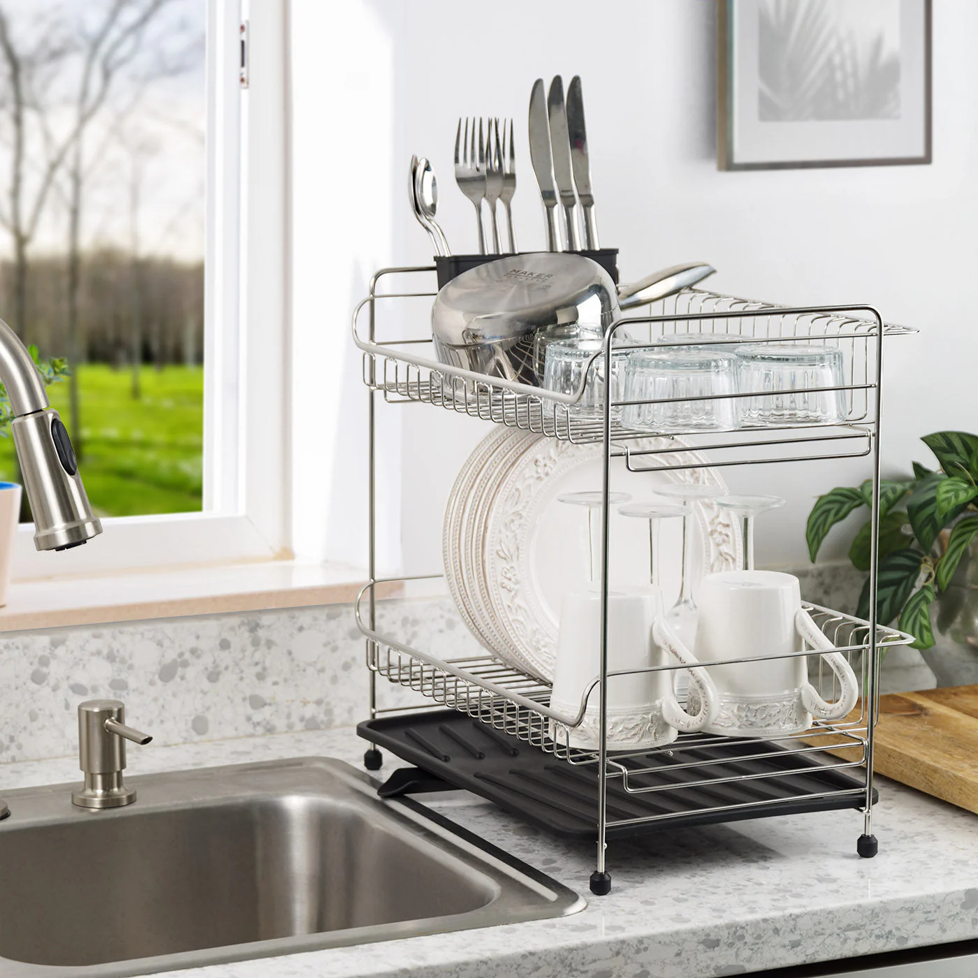 2-tier Medium Dish Rack with Drain Spout Black - Image 7