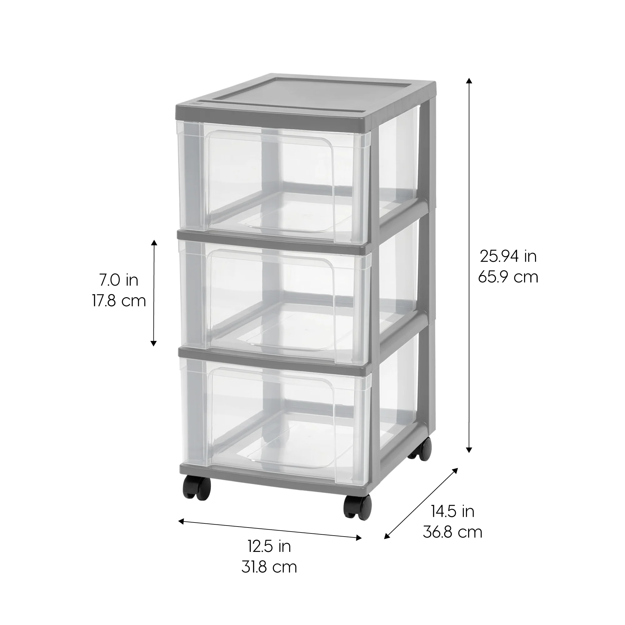 3-Drawer Narrow Plastic Storage Drawer Cart, Gray, Set of 2 - Image 2