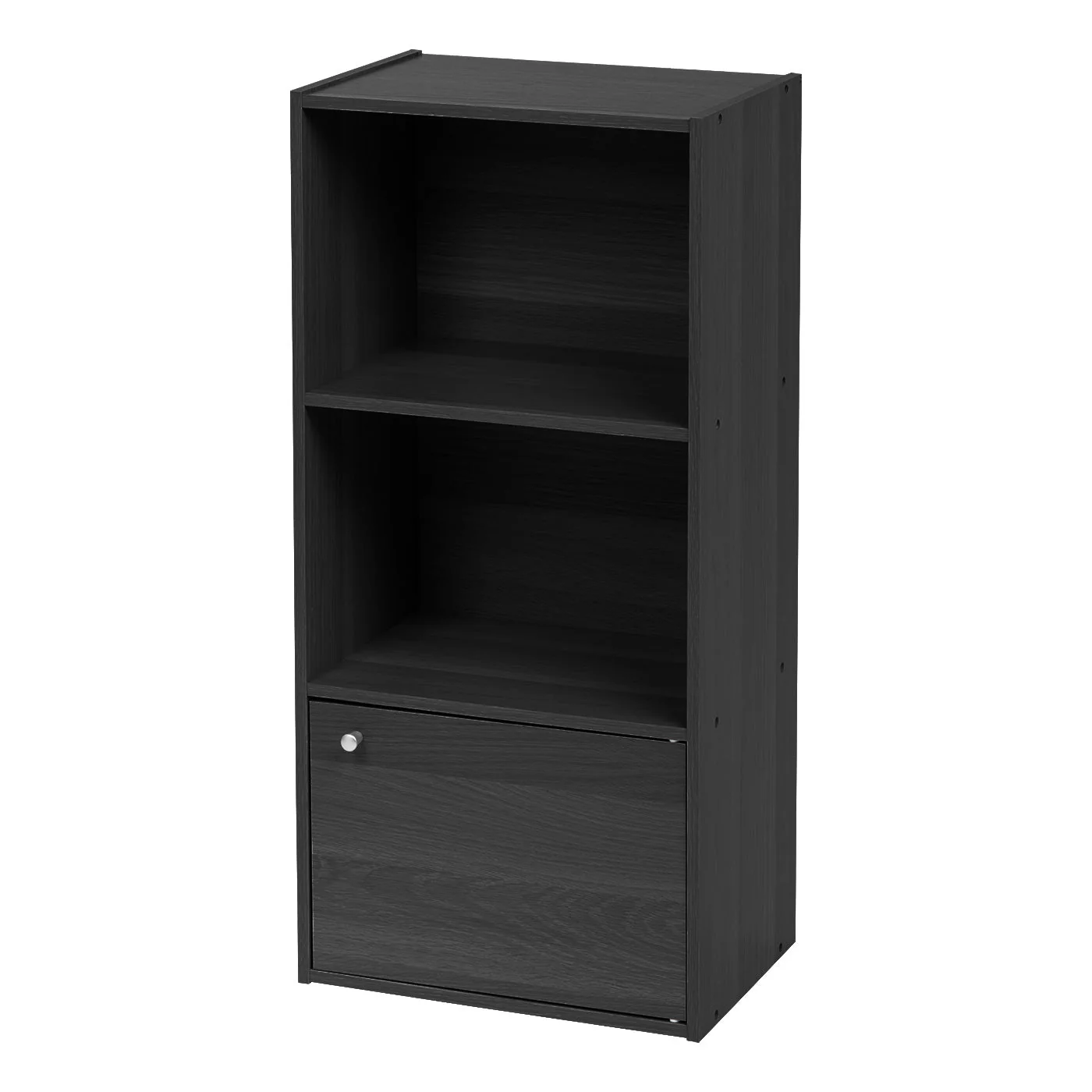 3 Tier Bookshelf and Storage Cupboard, Open Cubby Storage Shelf with Door, Small Storage Cabinet, Black
