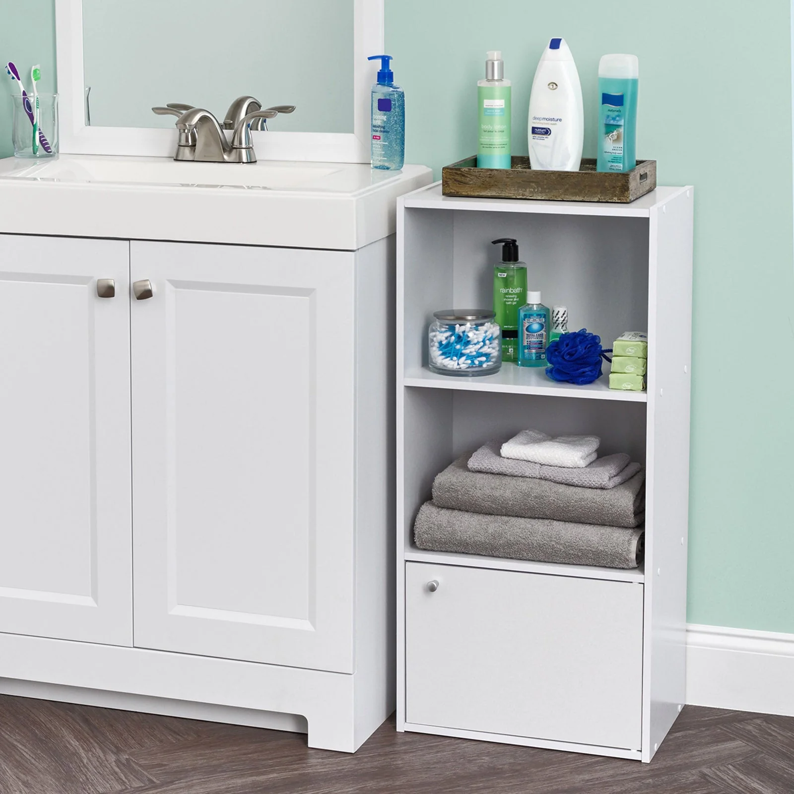 3 Tier Bookshelf and Storage Cupboard, Open Cubby Storage Shelf with Door, Small Storage Cabinet, White - Image 2