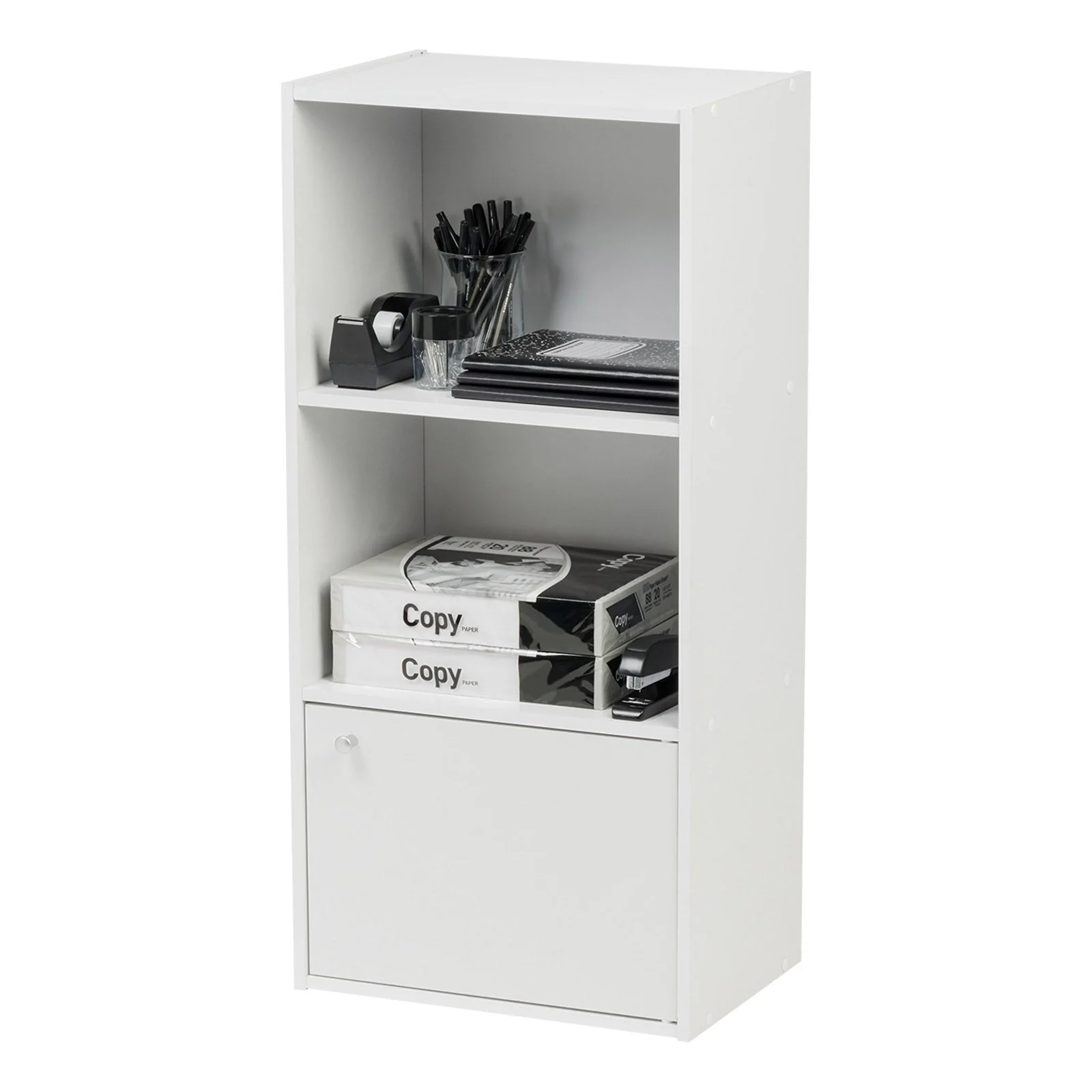 3 Tier Bookshelf and Storage Cupboard, Open Cubby Storage Shelf with Door, Small Storage Cabinet, White - Image 3