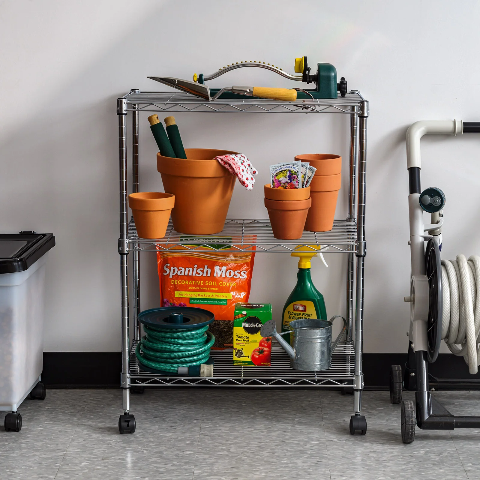 3-Tier Metal Wire Shelf Storage Unit with Casters Wheels, Silver - Image 2