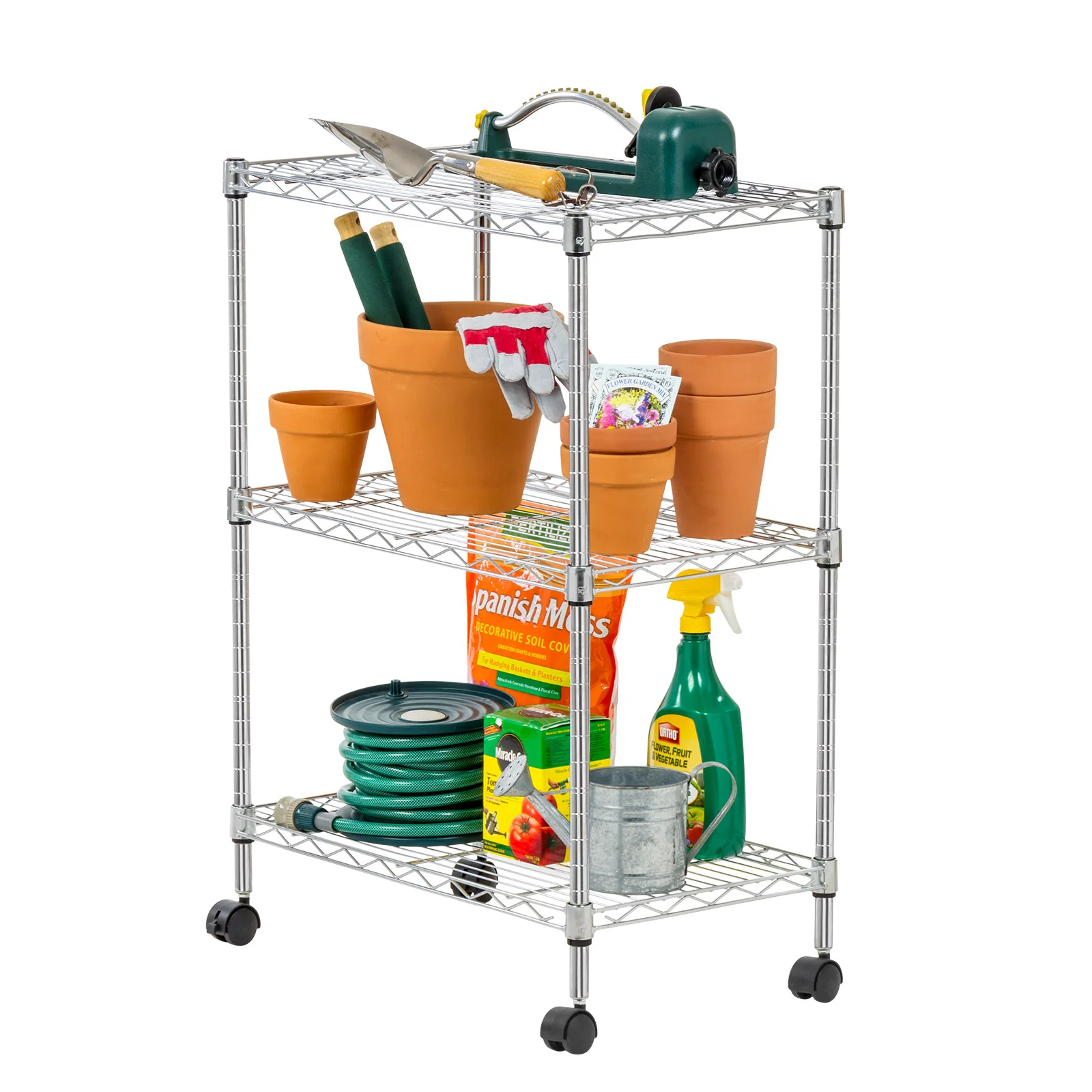 3-Tier Metal Wire Shelf Storage Unit with Casters Wheels, Silver - Image 3