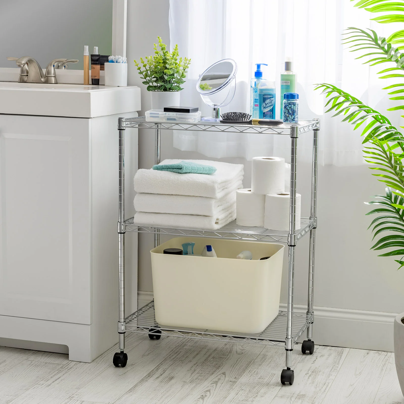 3-Tier Metal Wire Shelf Storage Unit with Casters Wheels, Silver - Image 7