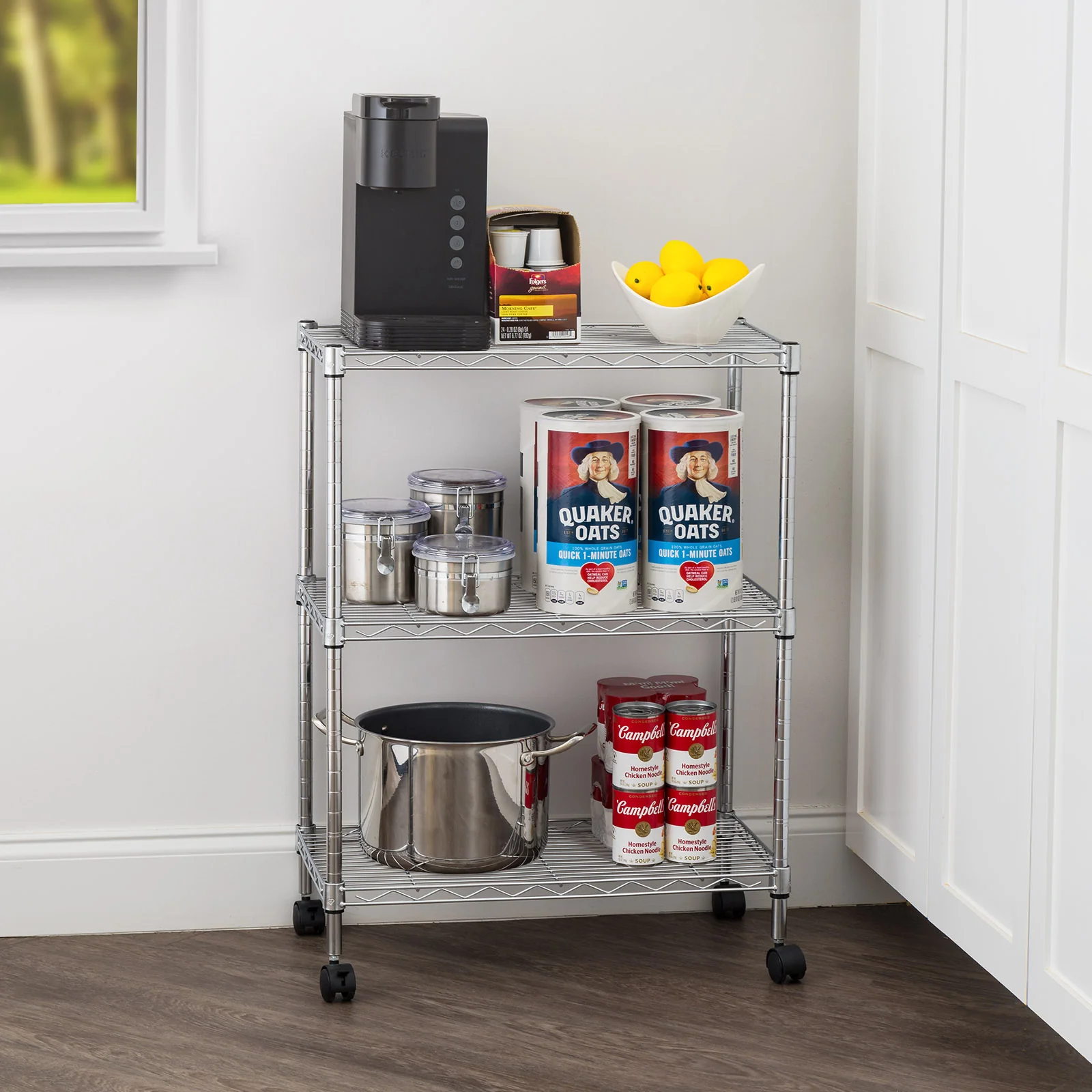3-Tier Metal Wire Shelf Storage Unit with Casters Wheels, Silver - Image 8