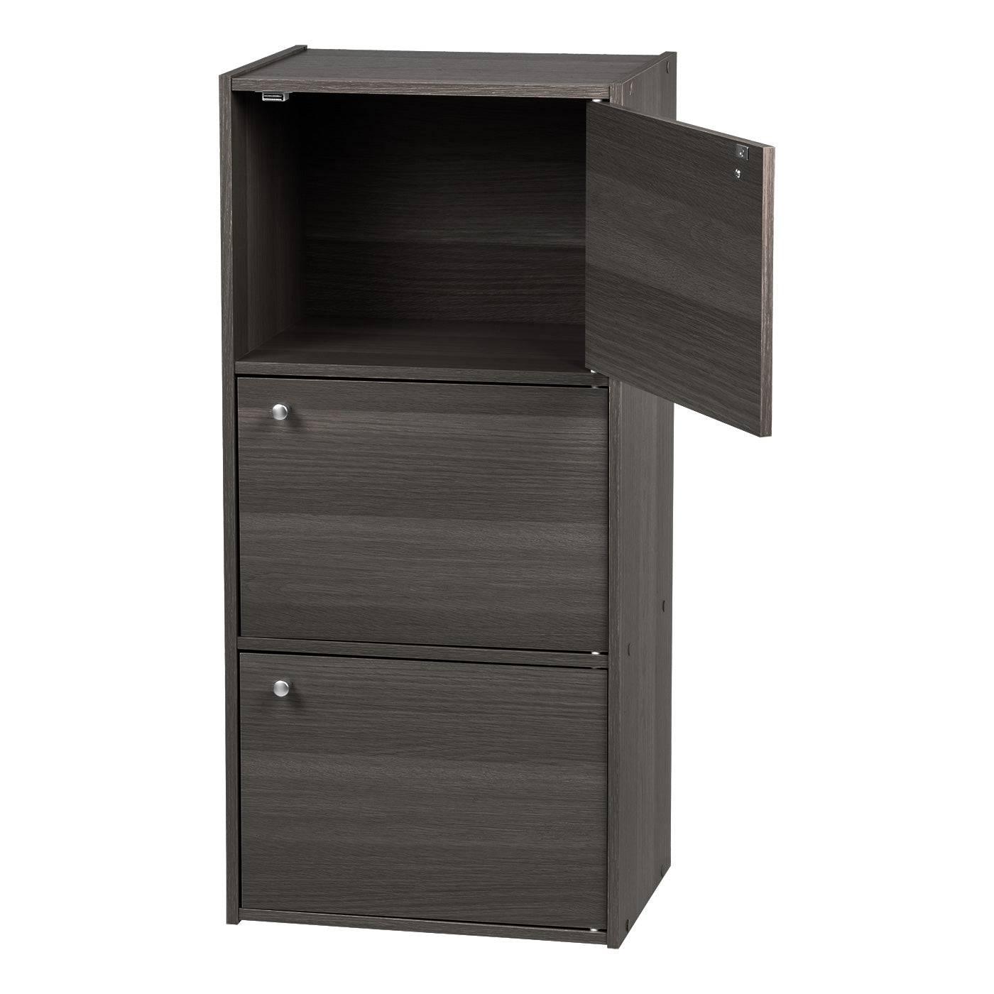 3 Tier Small Storage Cabinet, Portable Storage Shelf Unit, Small Bookcase with Doors, Grey - Image 3