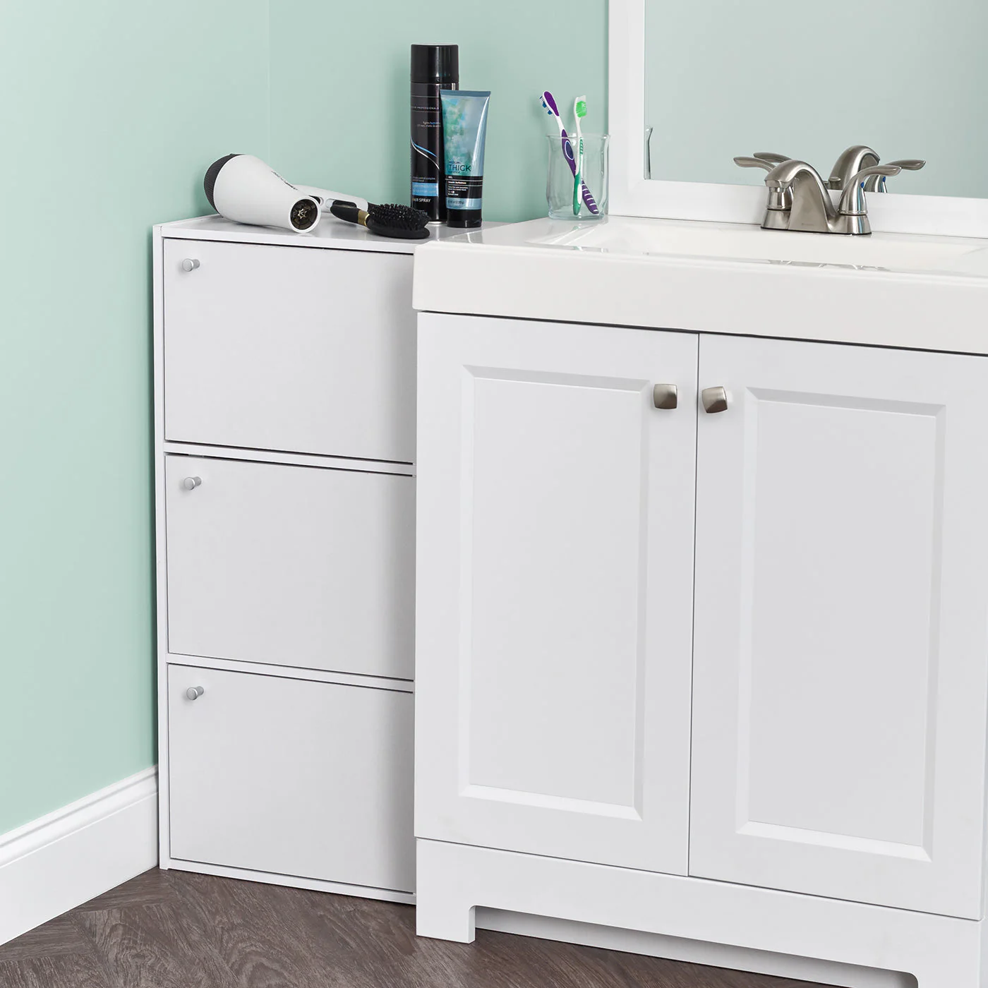 3 Tier Small Storage Cabinet, Portable Storage Shelf Unit, Small Bookcase with Doors, White - Image 5
