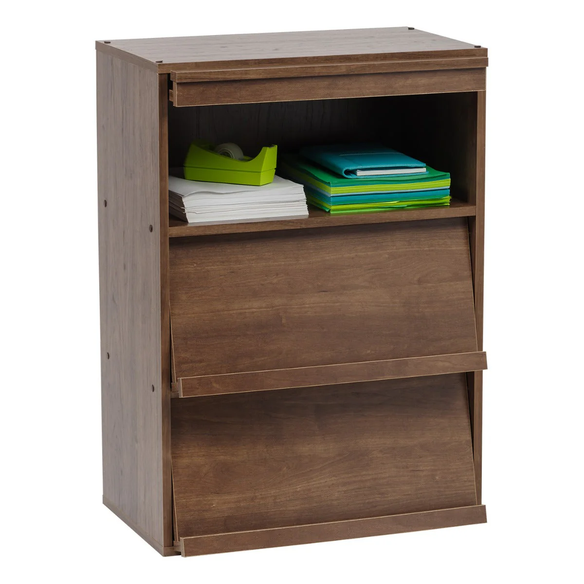 3-Tier Wood Shelf with Pocket Doors, Brown - Image 2