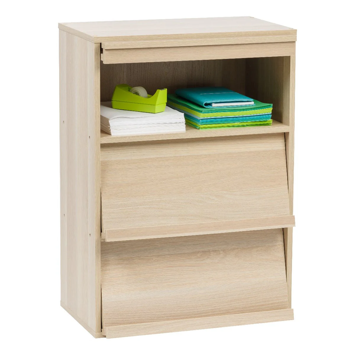 3-Tier Wood Shelf with Pocket Doors, Light Brown - Image 3