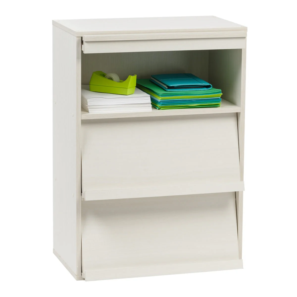 3-Tier Wood Shelf with Pocket Doors, Off White - Image 2