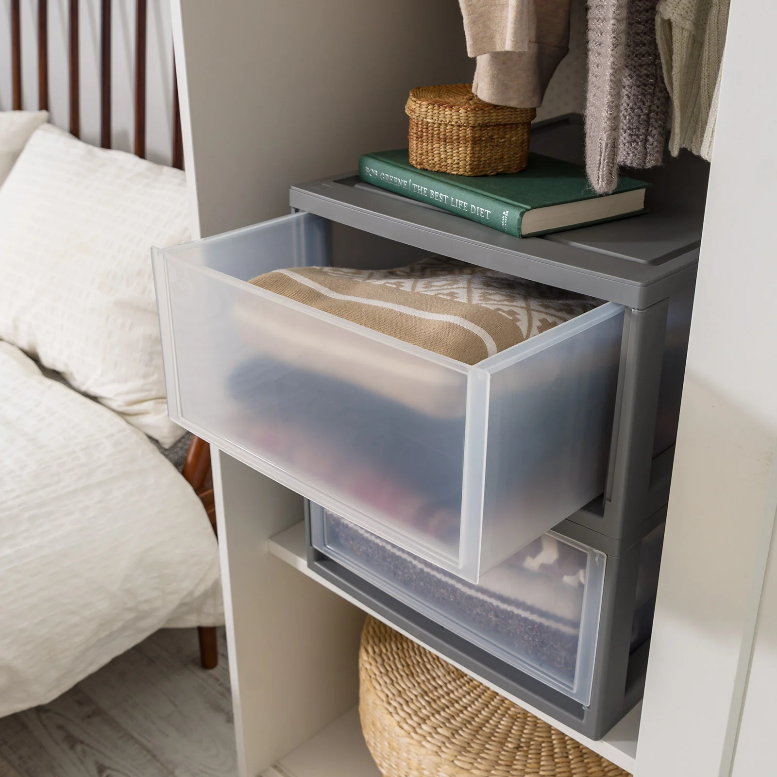 30 Qt. Large Plastic Stackable Storage Drawers, Modular, Gray Clear, Set of 2 - Image 7