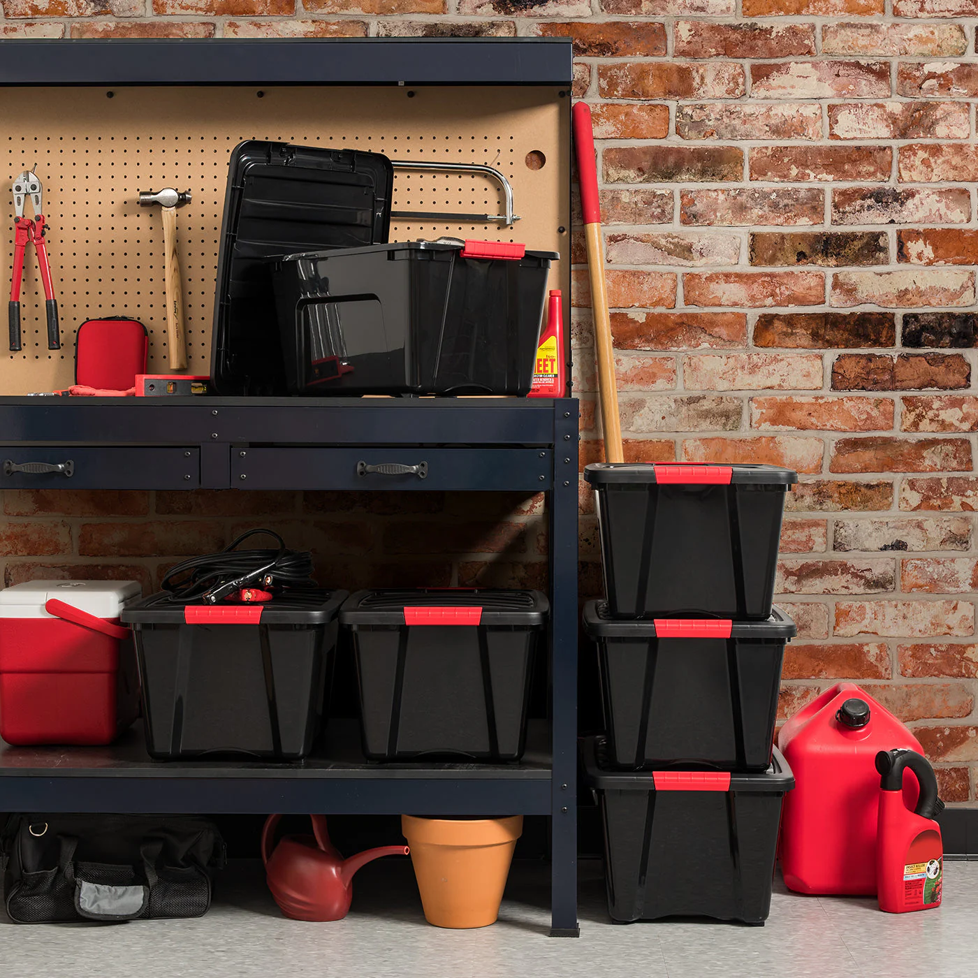 32 Qt. Plastic Storage Bin Tote Organizing Container with Durable Lid and Secure Latching Buckles, Stackable and Nestable, 4 Pack, Black with Red Buckle - Image 3