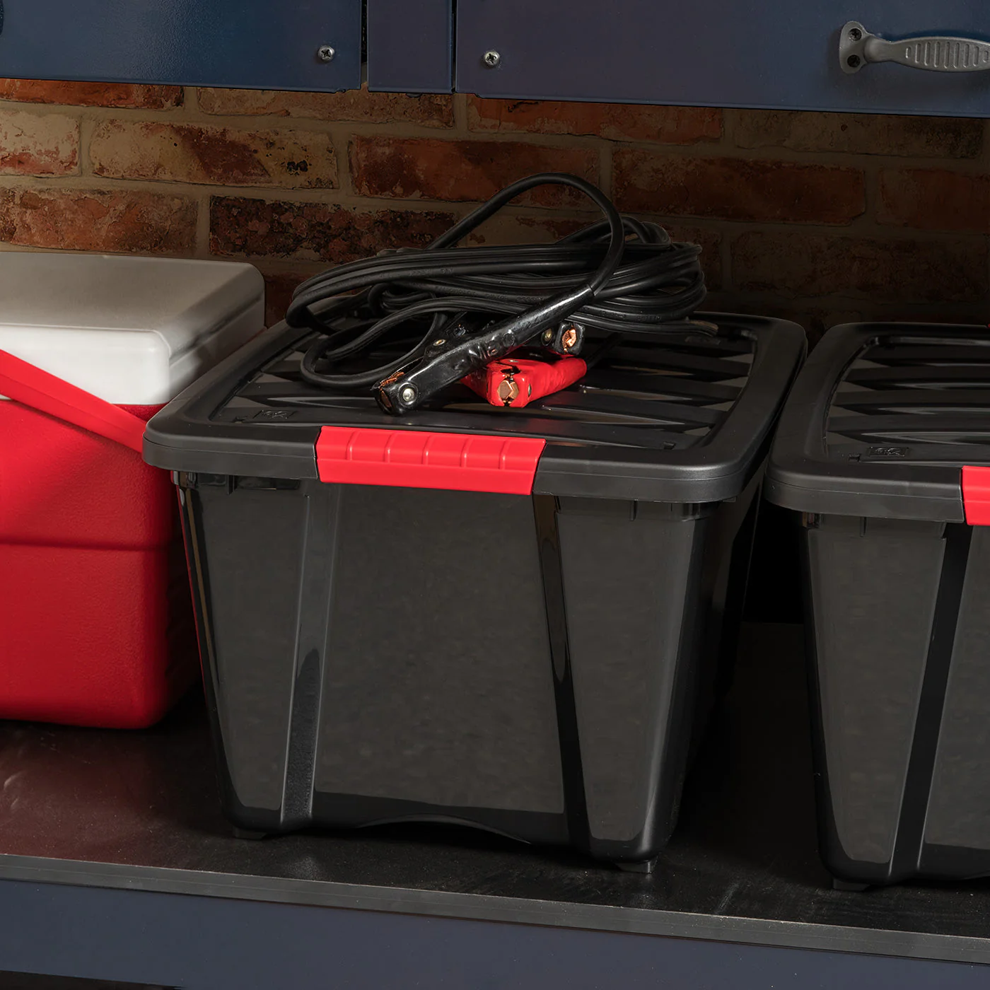 32 Qt. Plastic Storage Bin Tote Organizing Container with Durable Lid and Secure Latching Buckles, Stackable and Nestable, 4 Pack, Black with Red Buckle - Image 4