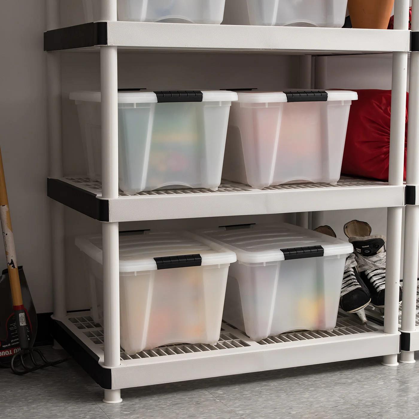 32 Qt. Plastic Storage Bin Tote Organizing Container with Durable Lid and Secure Latching Buckles, Stackable and Nestable, 4 Pack, Pearl with Black Buckle - Image 4