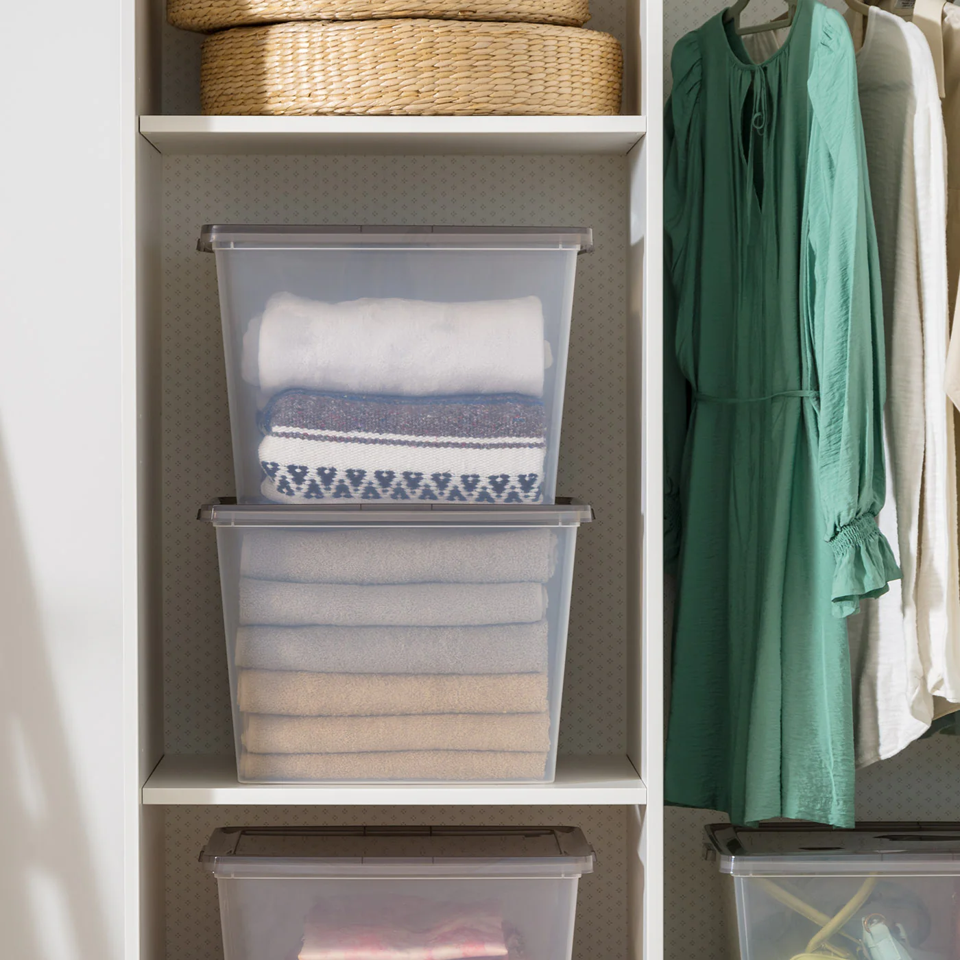 36 Qt. Stackable Box, Plastic Storage Bins with Lids, Clear, Gray Lid, Set of 6 - Image 3