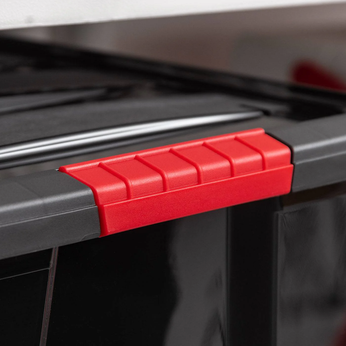 40 Qt. Plastic Storage Bin Tote Organizing Container with Durable Lid and Secure Latching Buckles, Stackable and Nestable, 4 Pack, Black with Red Buckles - Image 2