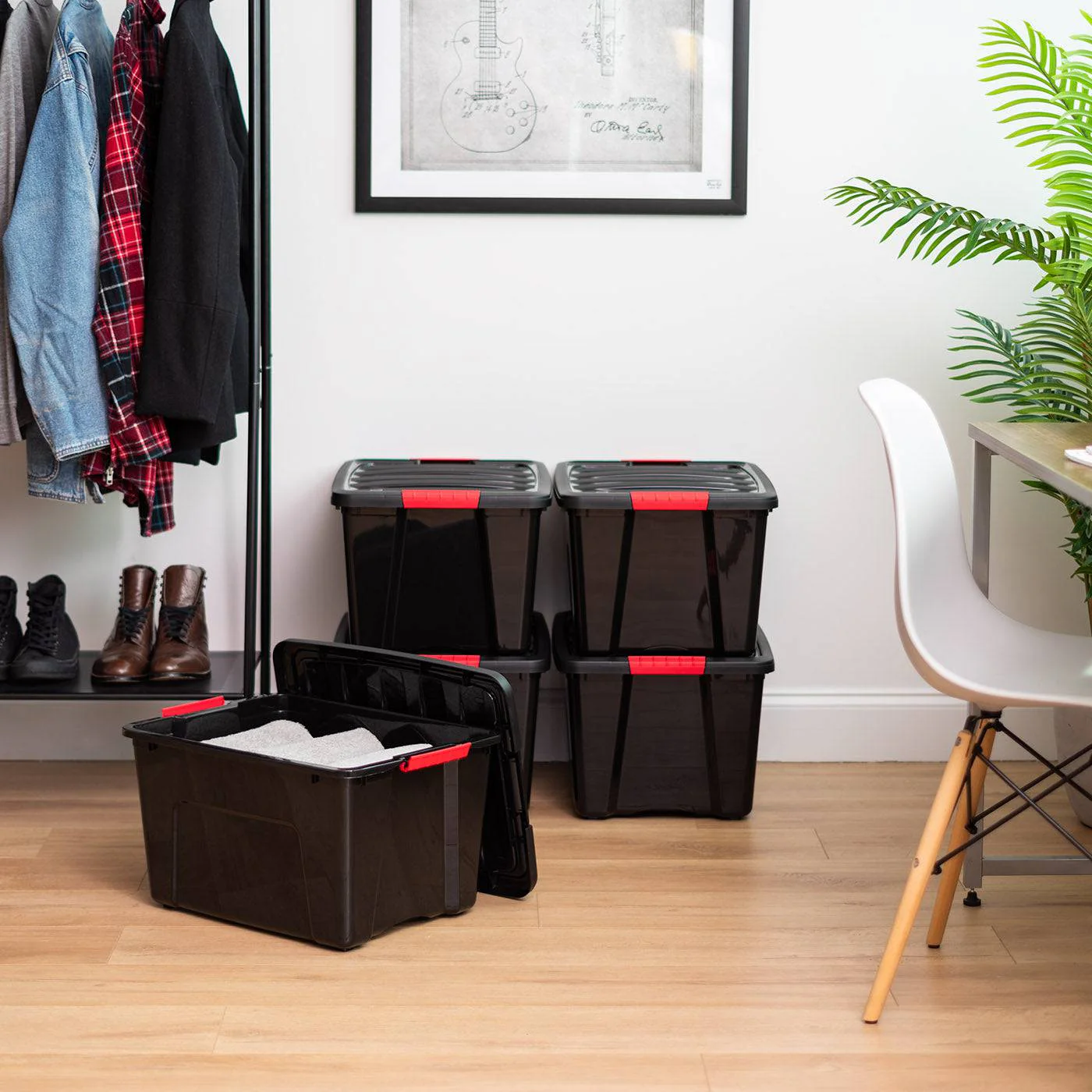 40 Qt. Plastic Storage Bin Tote Organizing Container with Durable Lid and Secure Latching Buckles, Stackable and Nestable, 4 Pack, Black with Red Buckles - Image 3