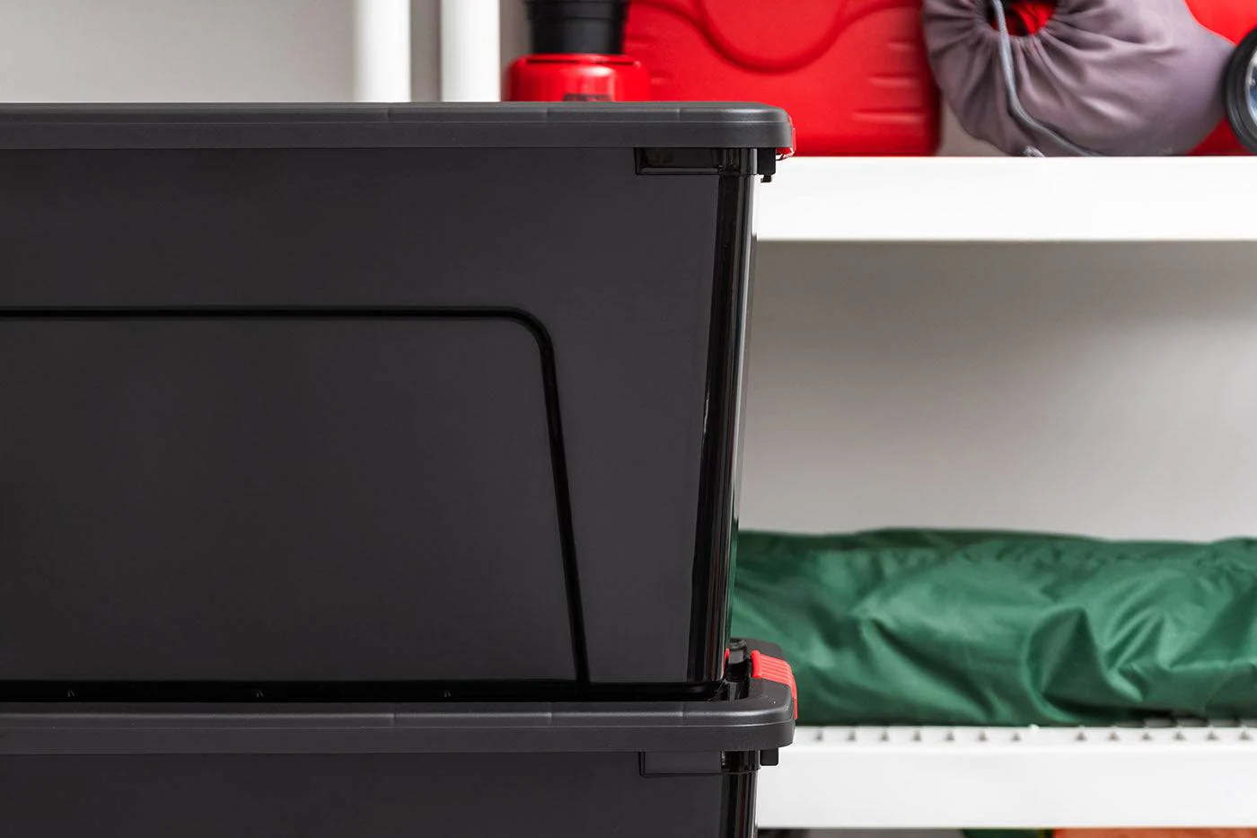 40 Qt. Plastic Storage Bin Tote Organizing Container with Durable Lid and Secure Latching Buckles, Stackable and Nestable, 4 Pack, Black with Red Buckles - Image 4