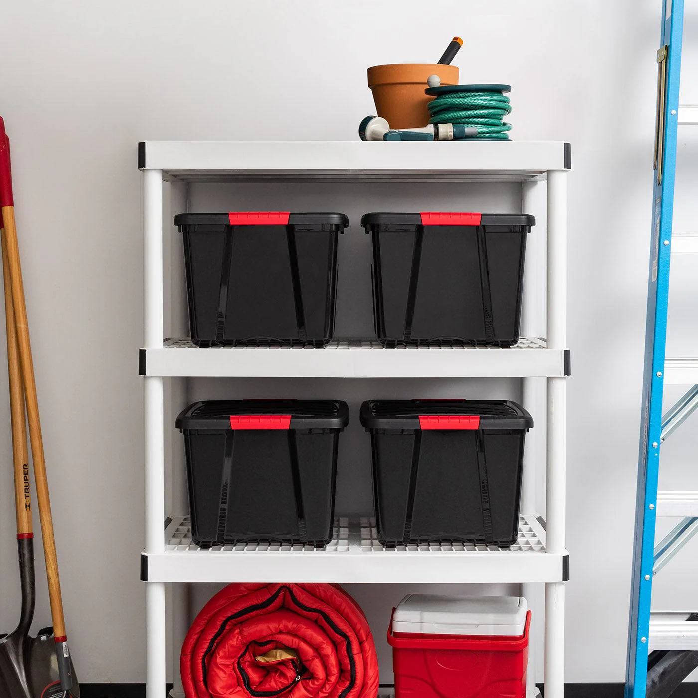 40 Qt. Plastic Storage Bin Tote Organizing Container with Durable Lid and Secure Latching Buckles, Stackable and Nestable, 4 Pack, Black with Red Buckles - Image 5