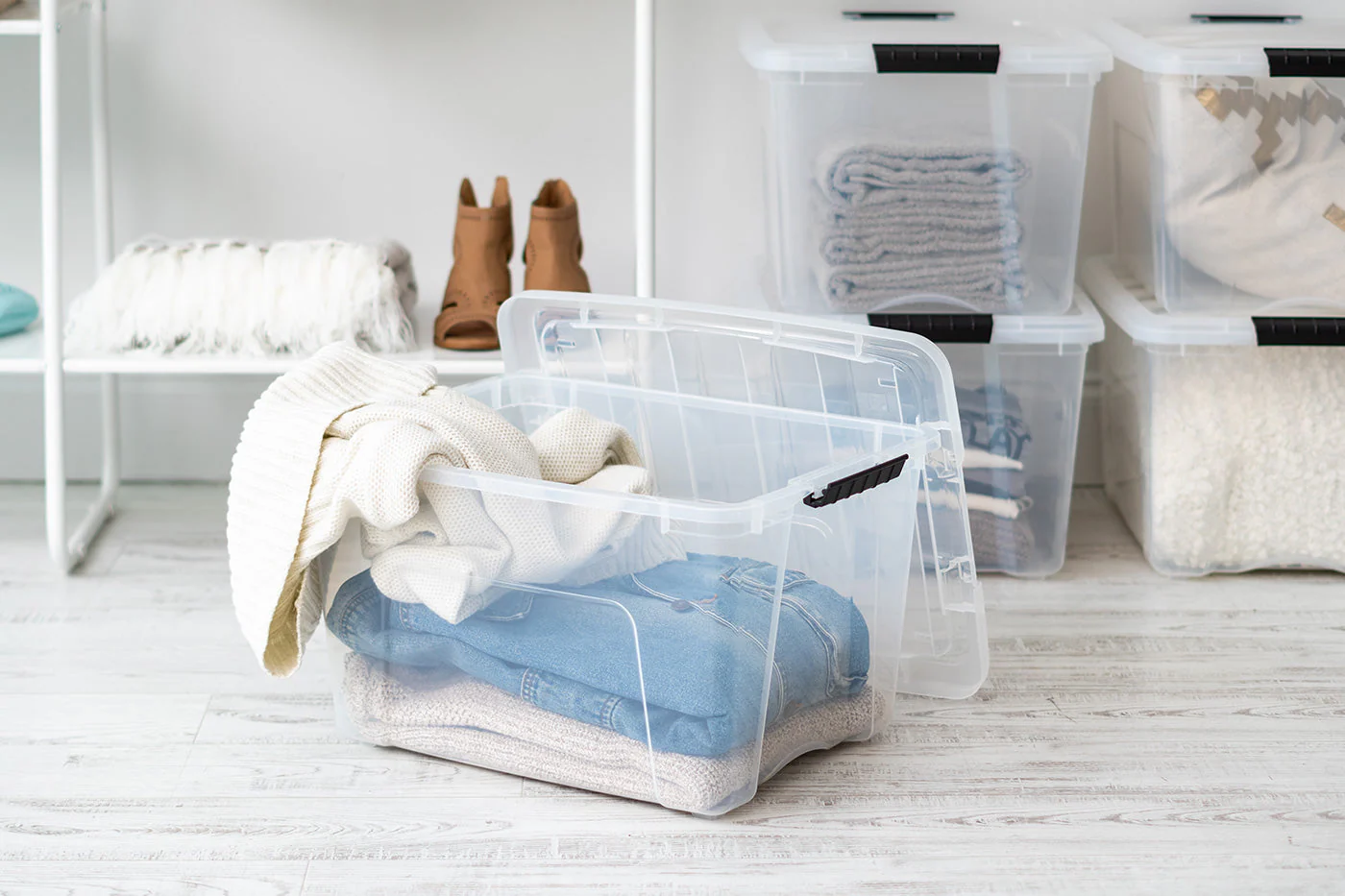 40 Qt. Plastic Storage Bin Tote Organizing Container with Durable Lid and Secure Latching Buckles, Stackable and Nestable, 4 Pack, Clear with Black Buckle - Image 2