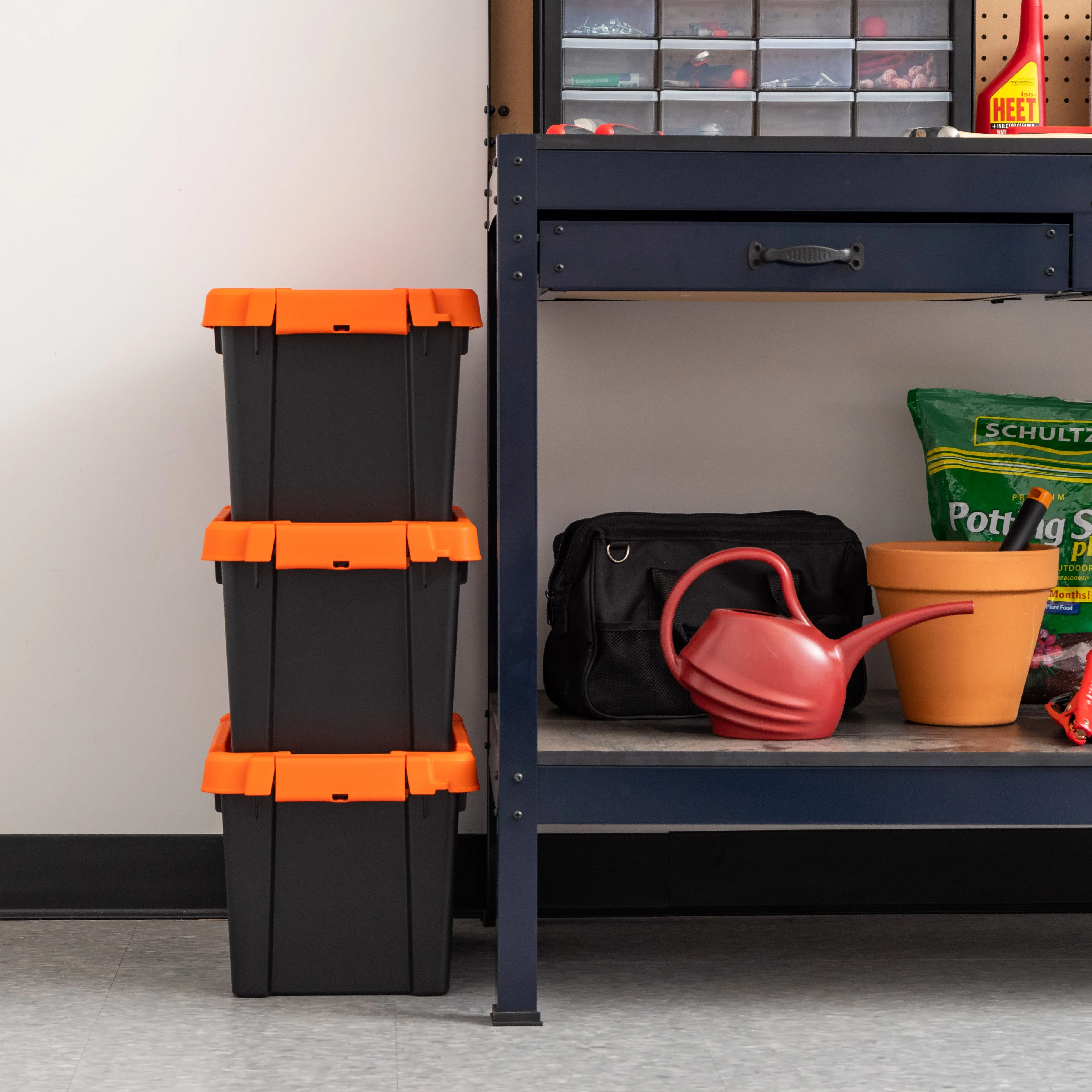 5 Gallon Store-It-All Tote, 3 Pack, Black bottom with Orange lid and buckles - Image 3