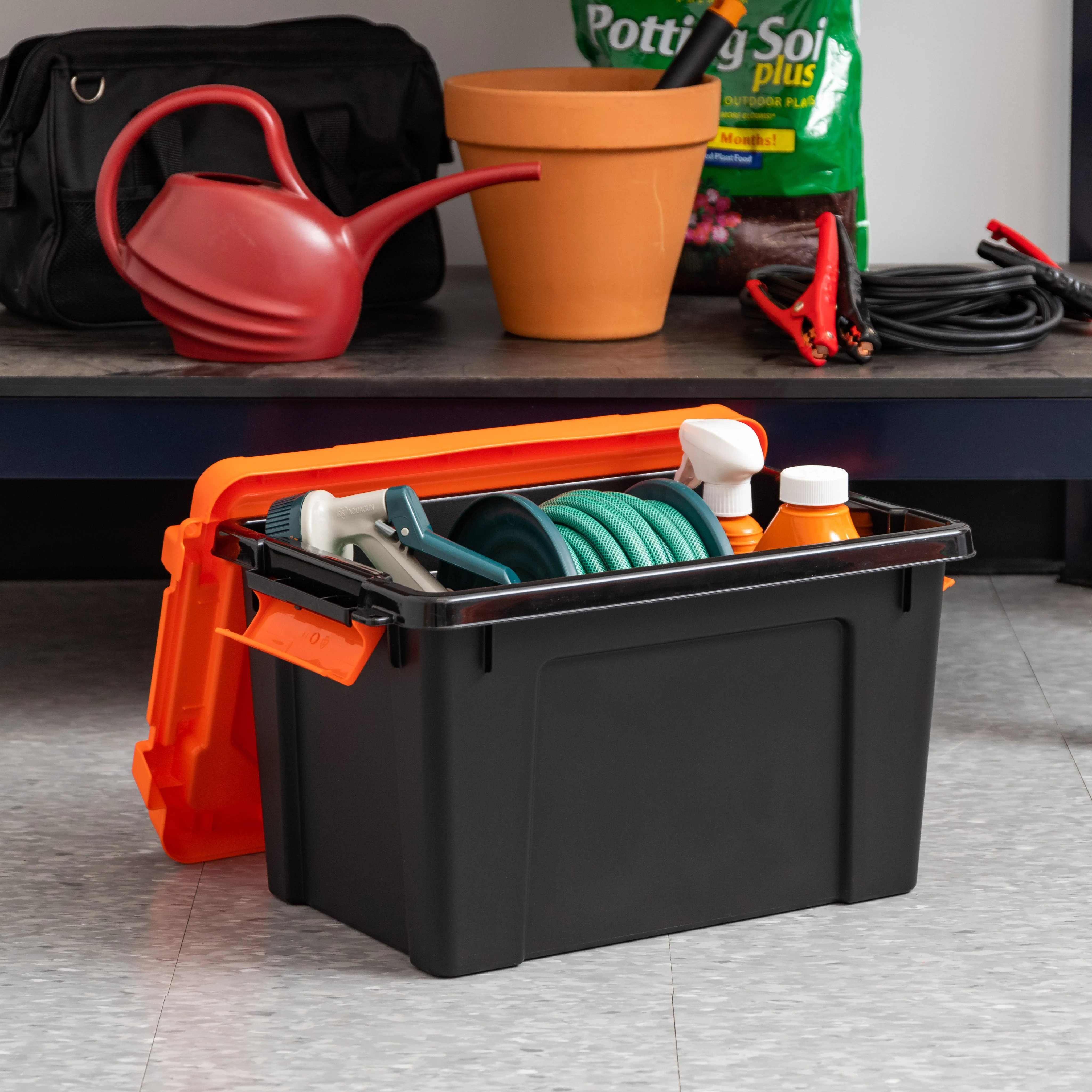 5 Gallon Store-It-All Tote, 3 Pack, Black bottom with Orange lid and buckles - Image 4