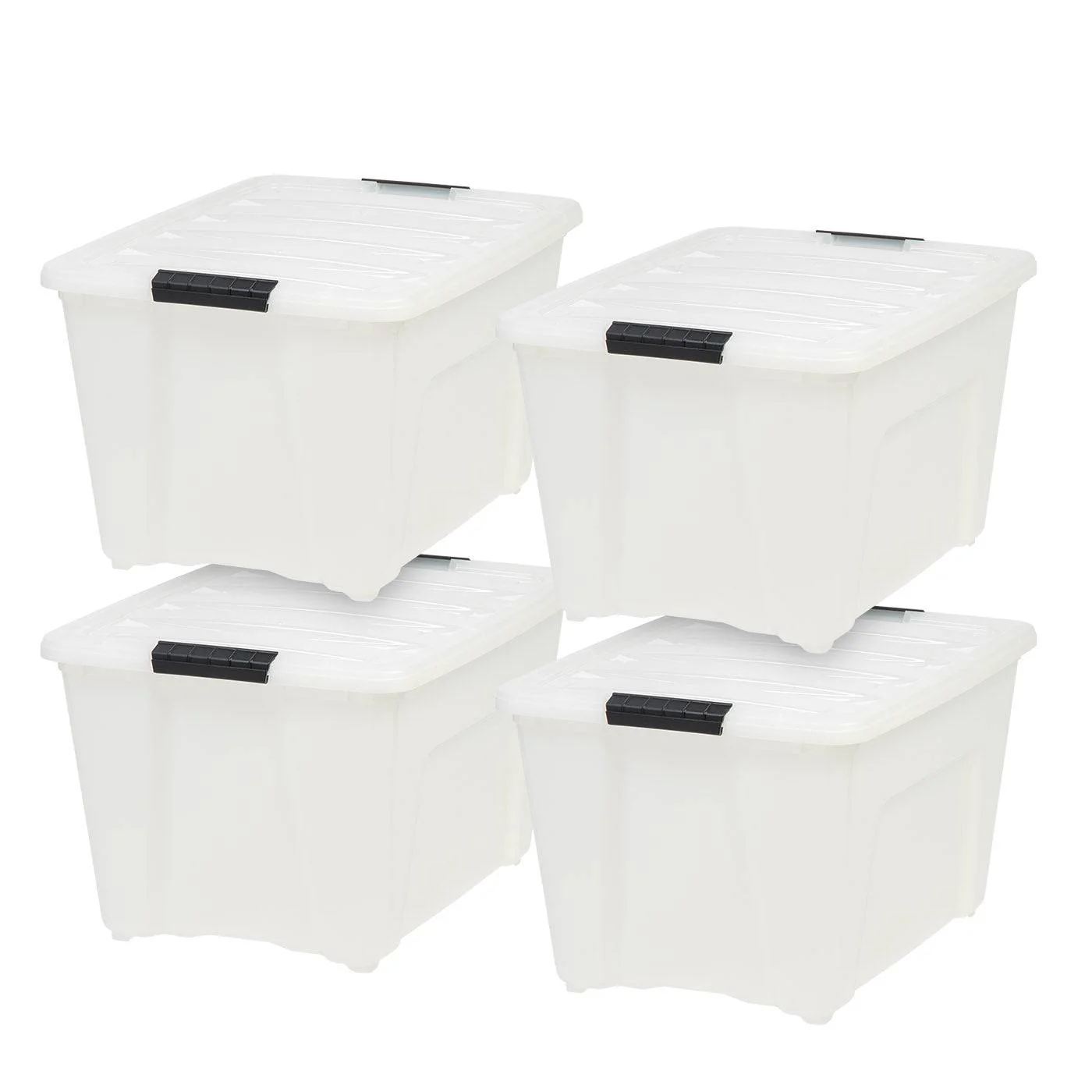 53 Qt. Plastic Storage Bin Tote Organizing Container with Durable Lid and Secure Latching Buckles, Stackable and Nestable, 4 Pack, Pearl with Black Buckle