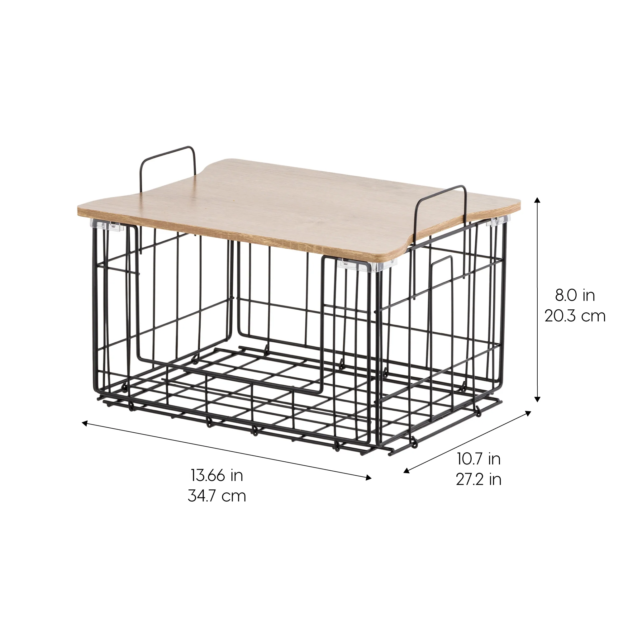 Collapsible Square Wire Basket Storage with Wooden Lid, 2 Pack - Image 2