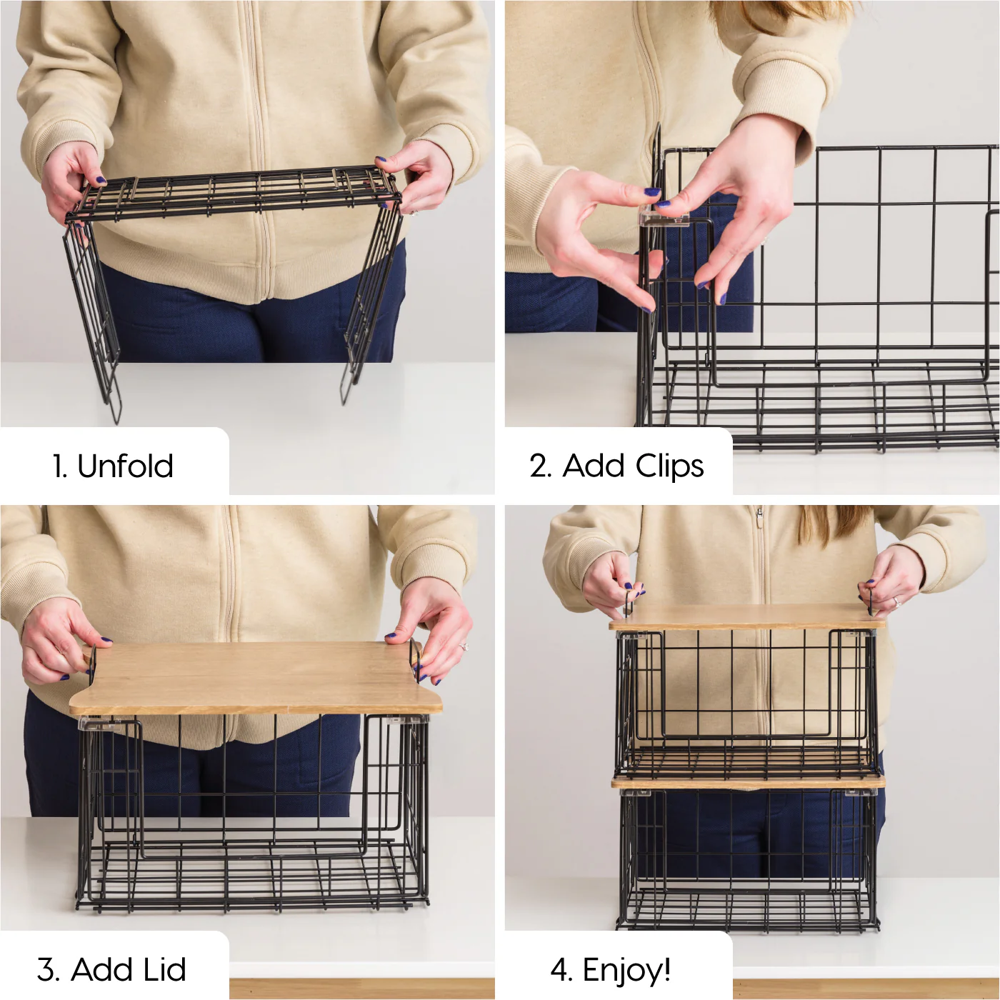 Collapsible Square Wire Basket Storage with Wooden Lid, 2 Pack - Image 3
