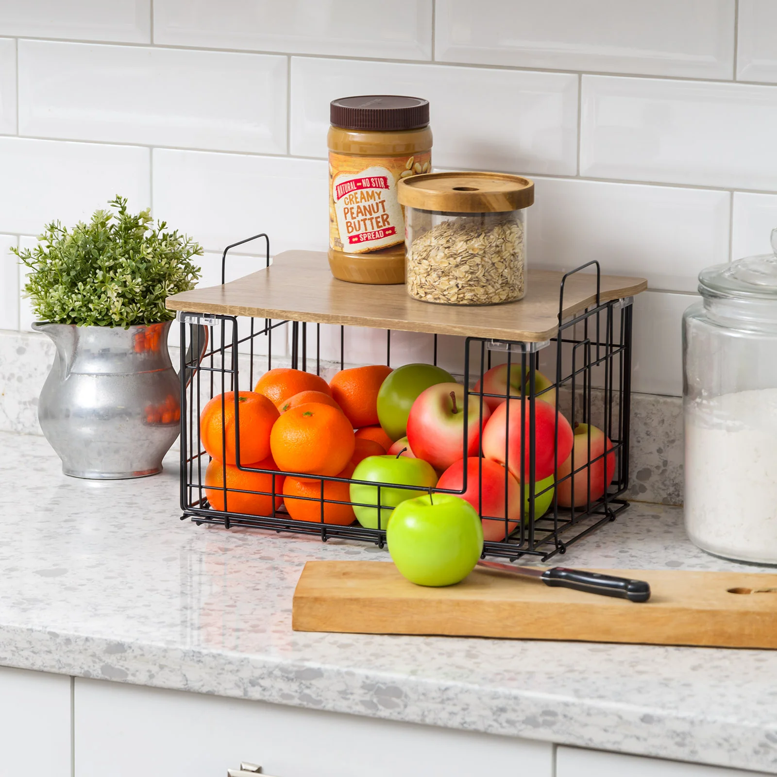 Collapsible Square Wire Basket Storage with Wooden Lid, 2 Pack - Image 4