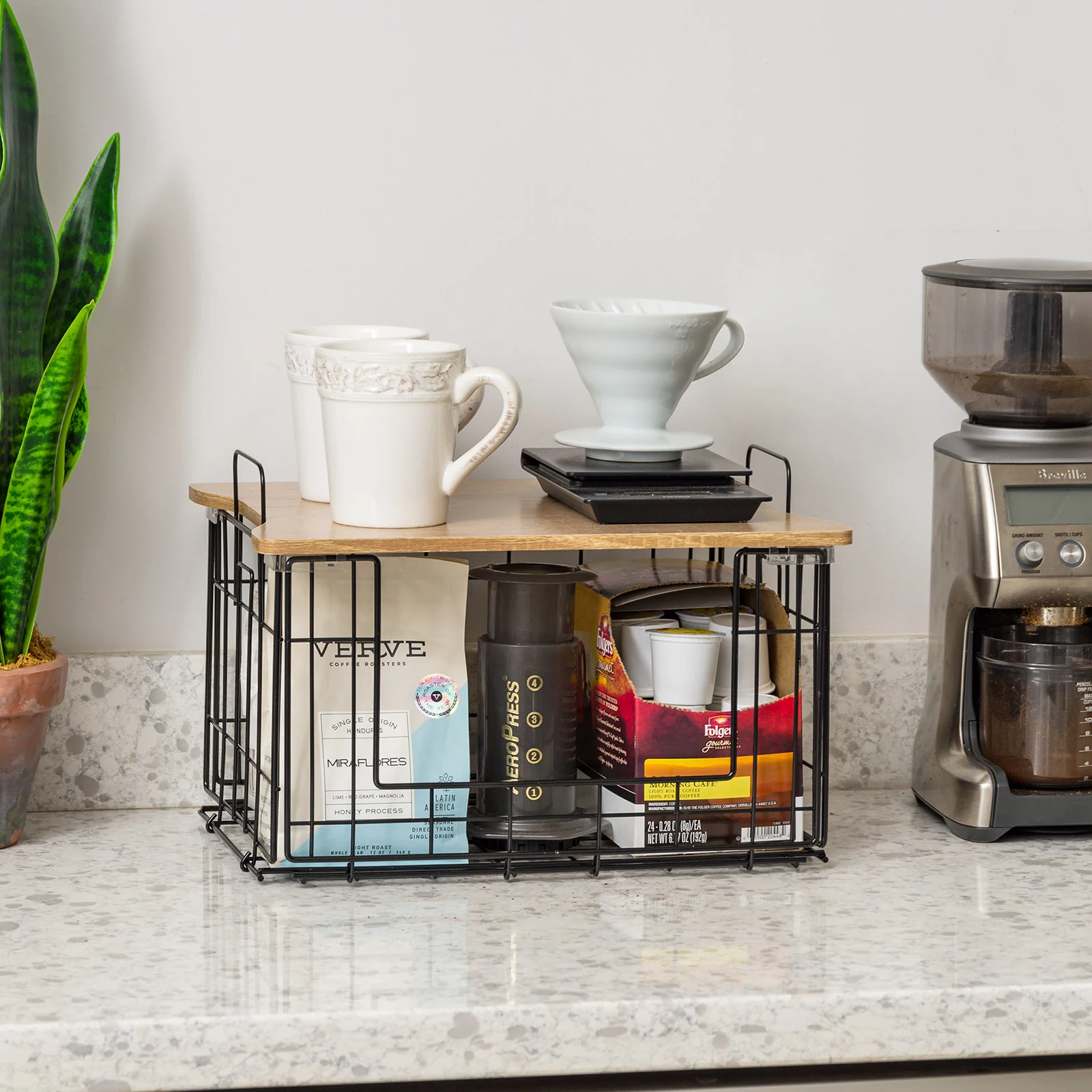 Collapsible Square Wire Basket Storage with Wooden Lid, 2 Pack - Image 5