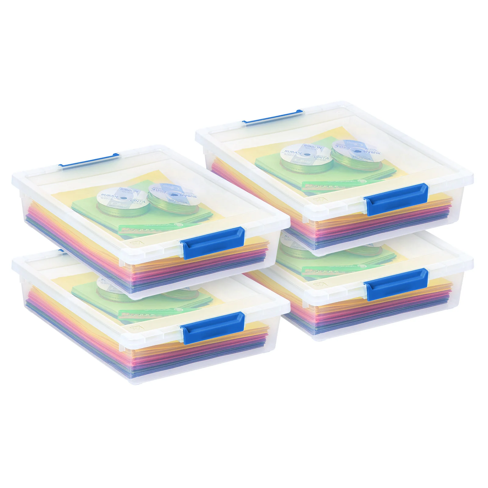 6 Quart Large Clip Box, 4 Pack, Clear Plastic Storage Container Bins with Latching Lids, Organizing Container for Home, Office and School Supplies, Stackable, Seafoam Blue Buckles - Image 2