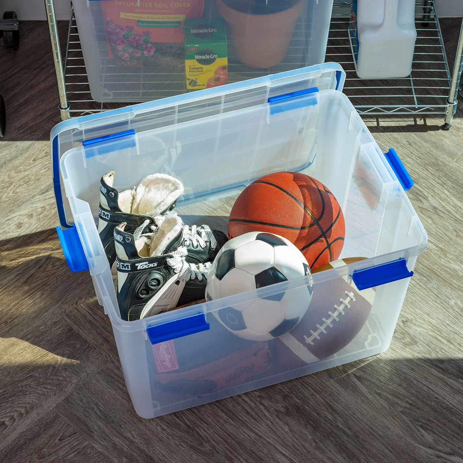 74 Quart WeatherPro® Multi-Purpose Storage Box, Clear with Blue Buckles, 3 Pack - Image 5