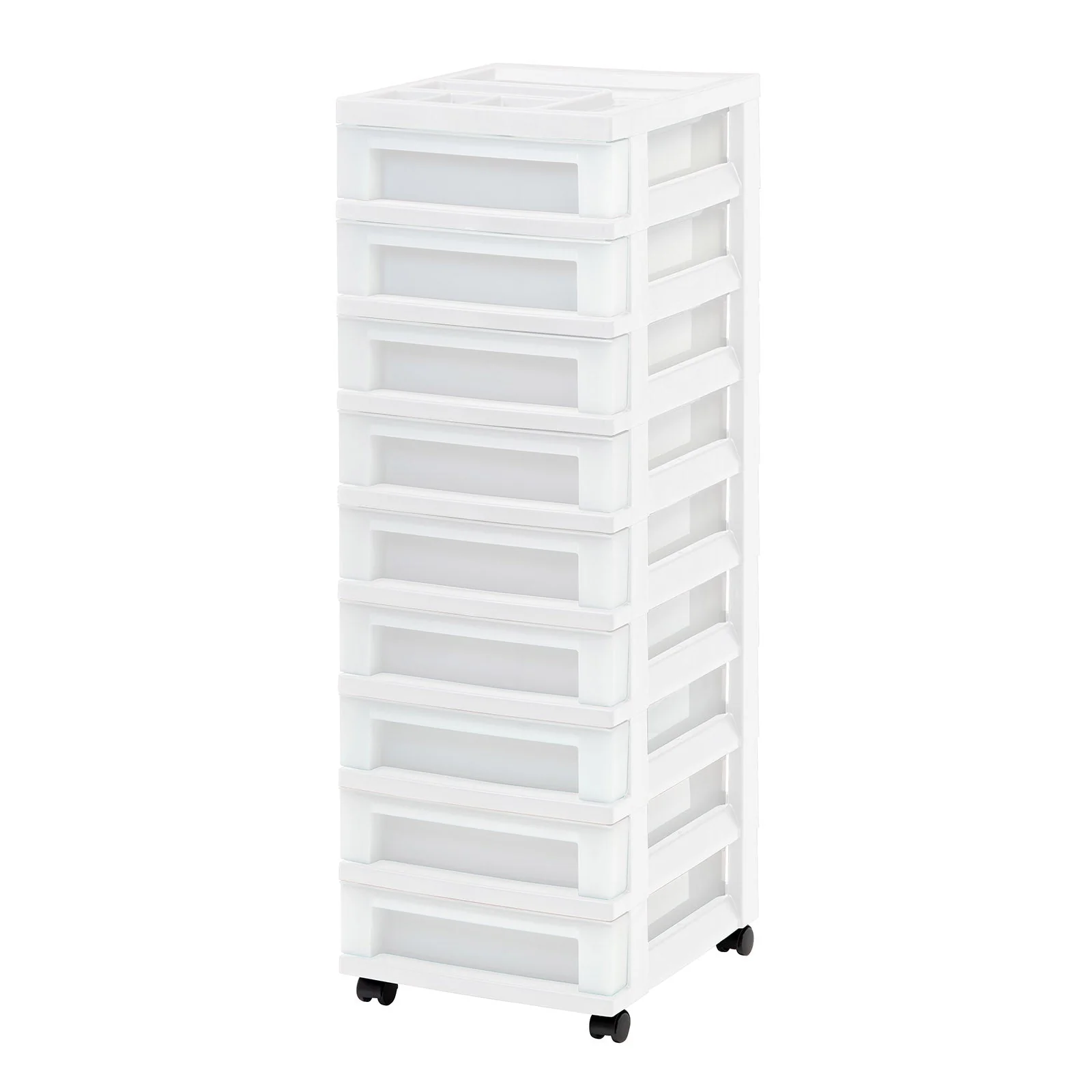 9-Drawer Storage Cart with Organizer Top, White/Pearl
