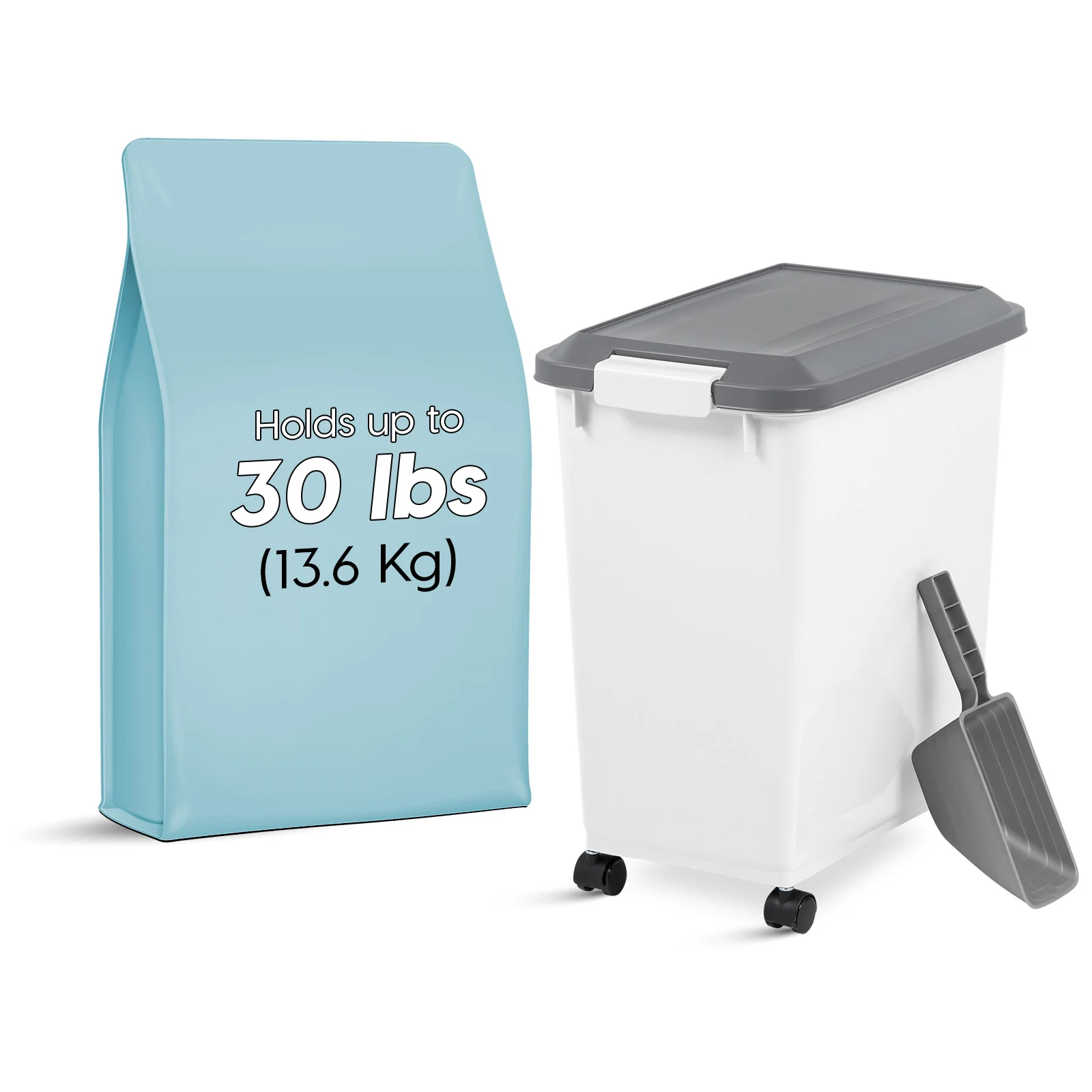 Airtight Dog & Cat Food Storage Container with Casters & Scoop, Gray, 30-lbs