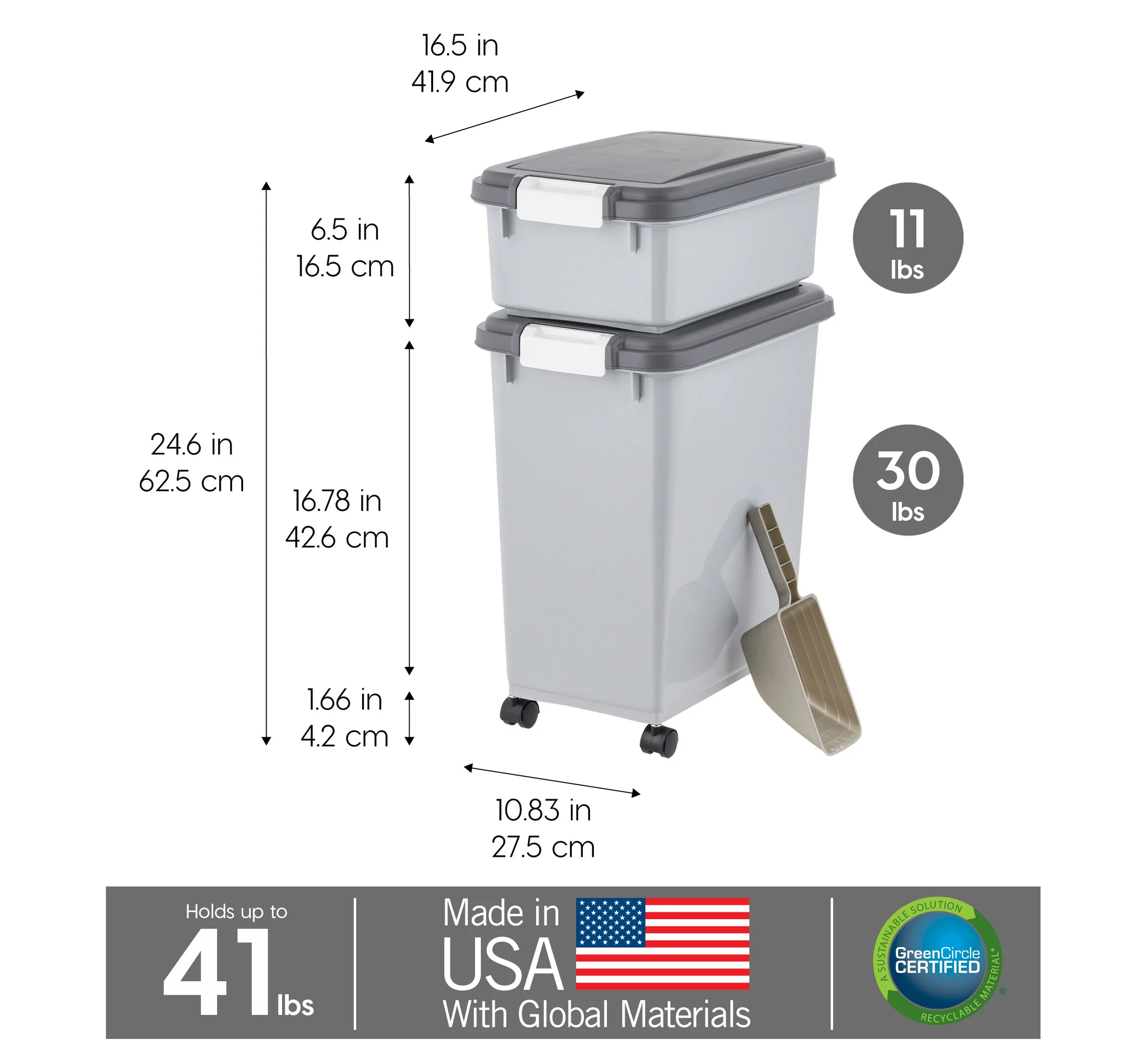 Airtight Dog Food Storage Container with Wheels, Up to 30 lbs & 11 lbs, 2-Cup Scoop, Cat Dog Treat Wet Food Cans Toys Storage Container, Stackable, Portable, Gray - Image 2