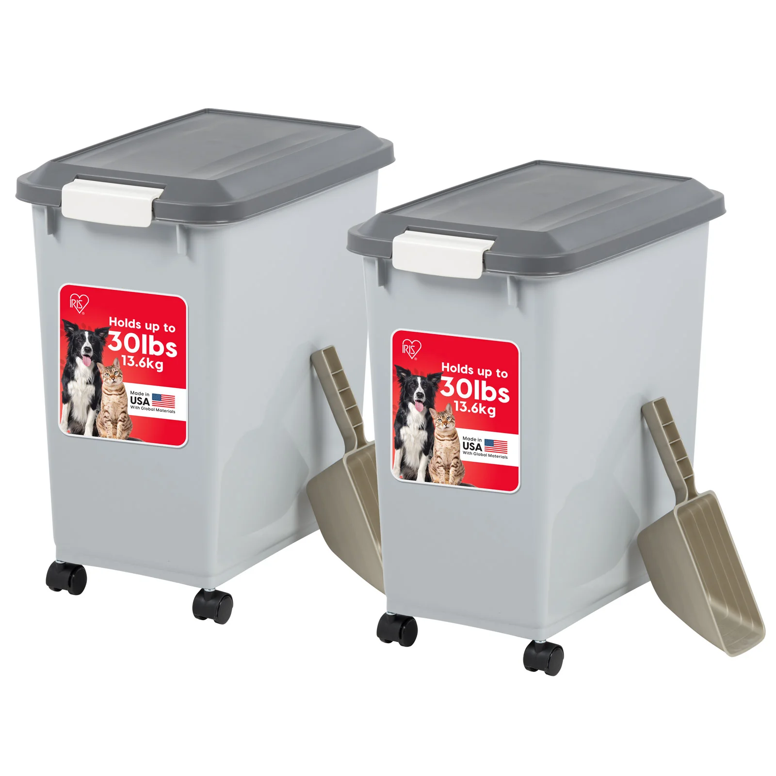 Airtight Pet Food Storage Container with Wheels with Built in Scoop Up to 30 Pounds 2 Pack