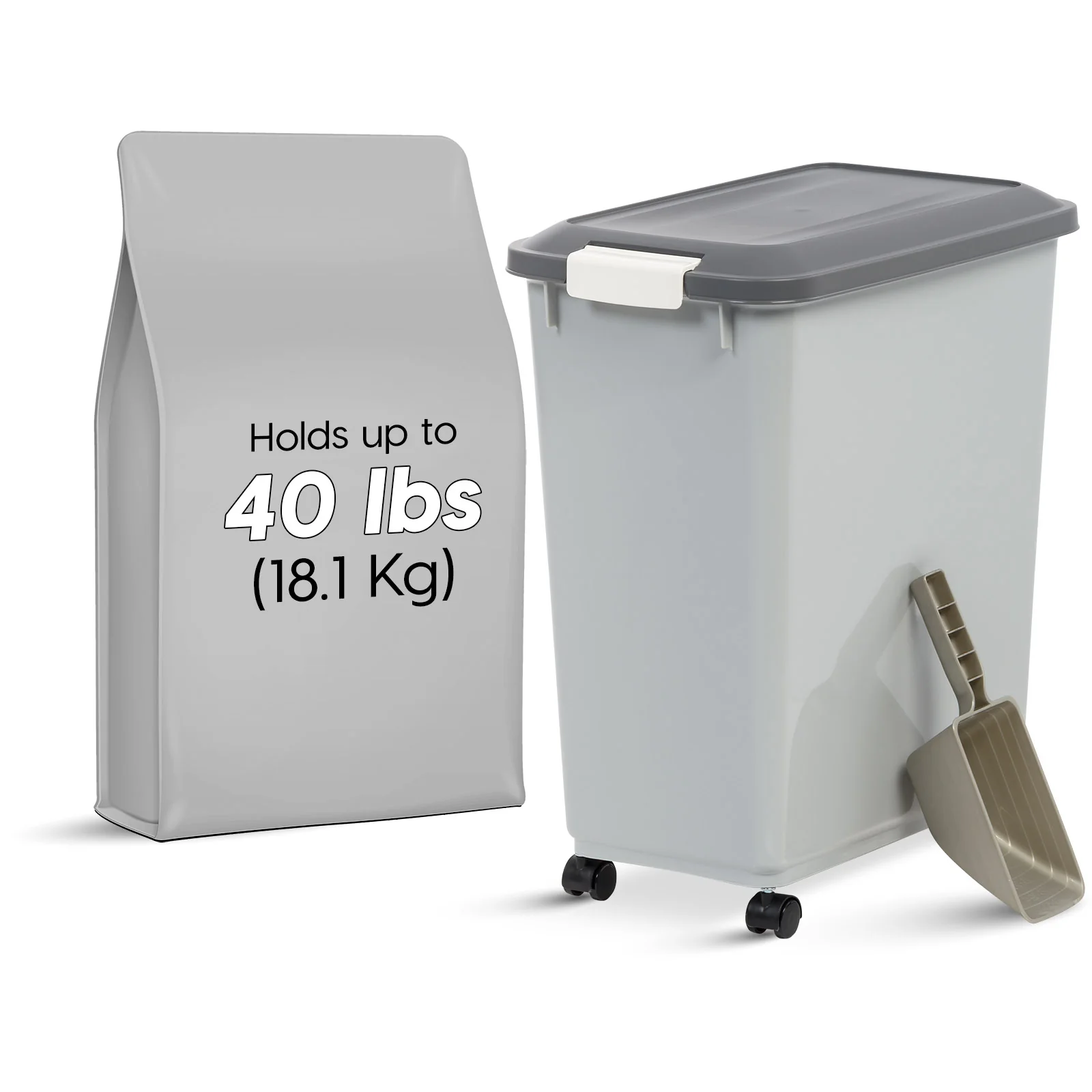 Airtight Pet Food Storage Container with Wheels with Built in Scoop Up to 40 Pounds