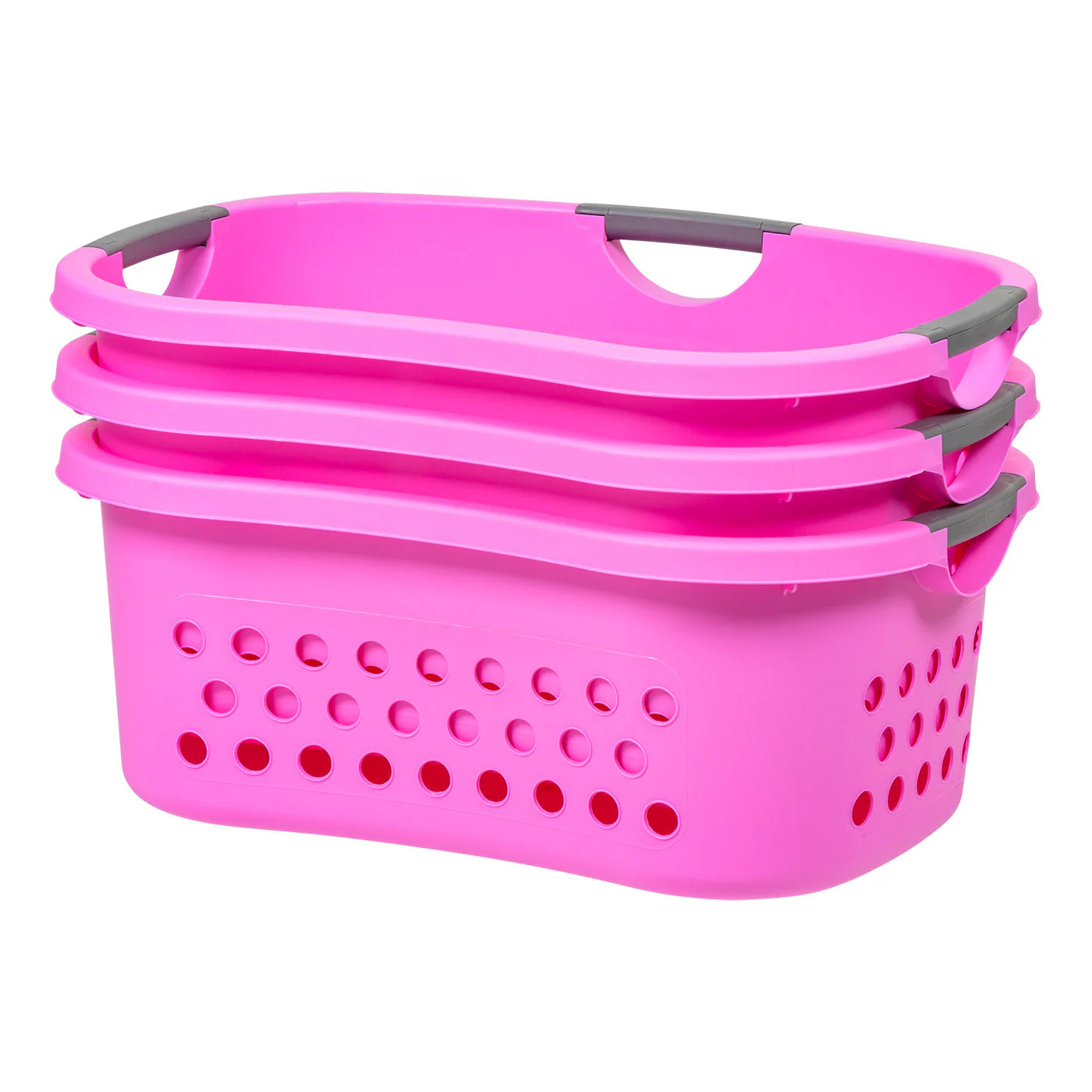 Hip Grip Laundry Basket – Large Pink Plastic Organizer with Comfort Handles, 3-Pack