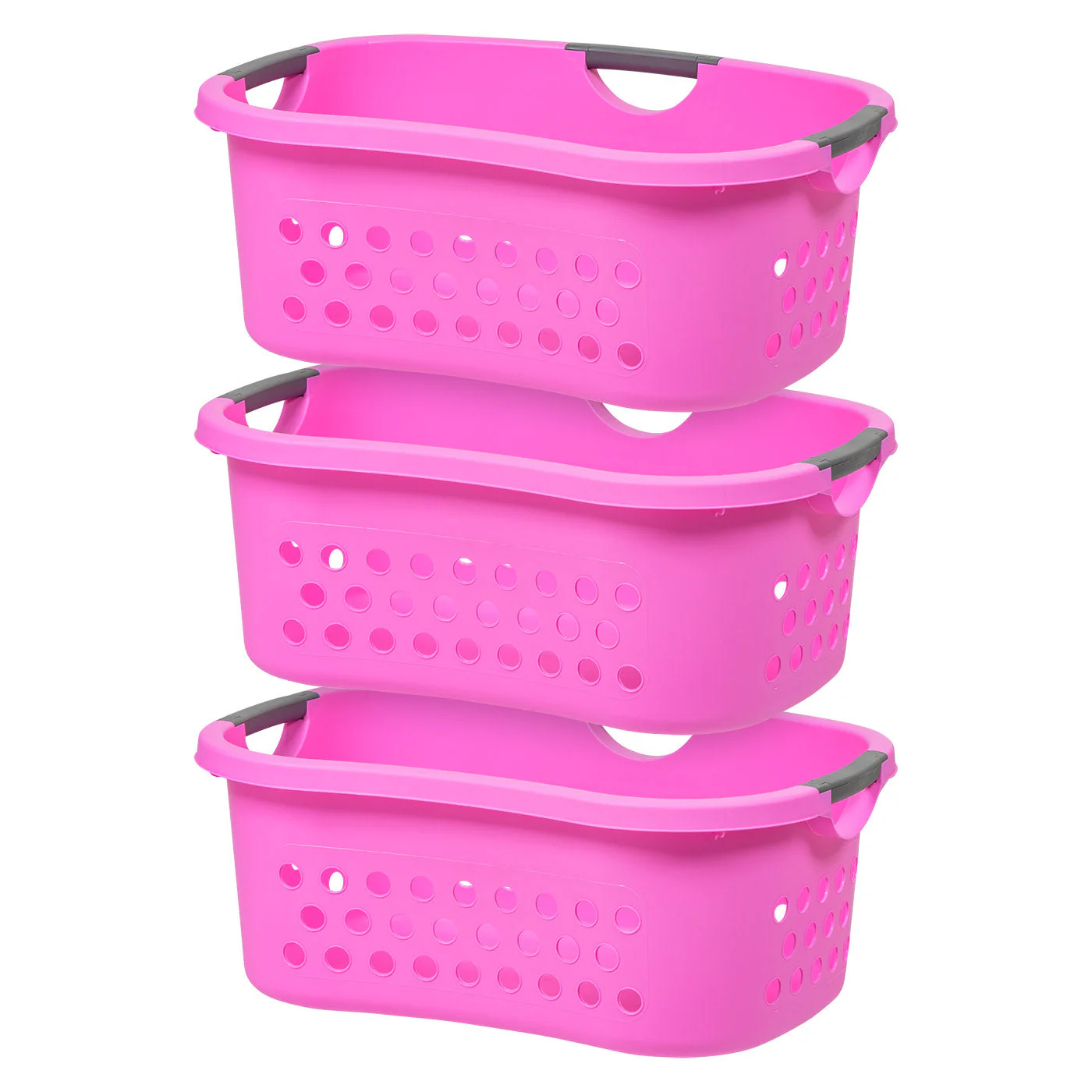 Hip Grip Laundry Basket – Large Pink Plastic Organizer with Comfort Handles, 3-Pack - Image 3