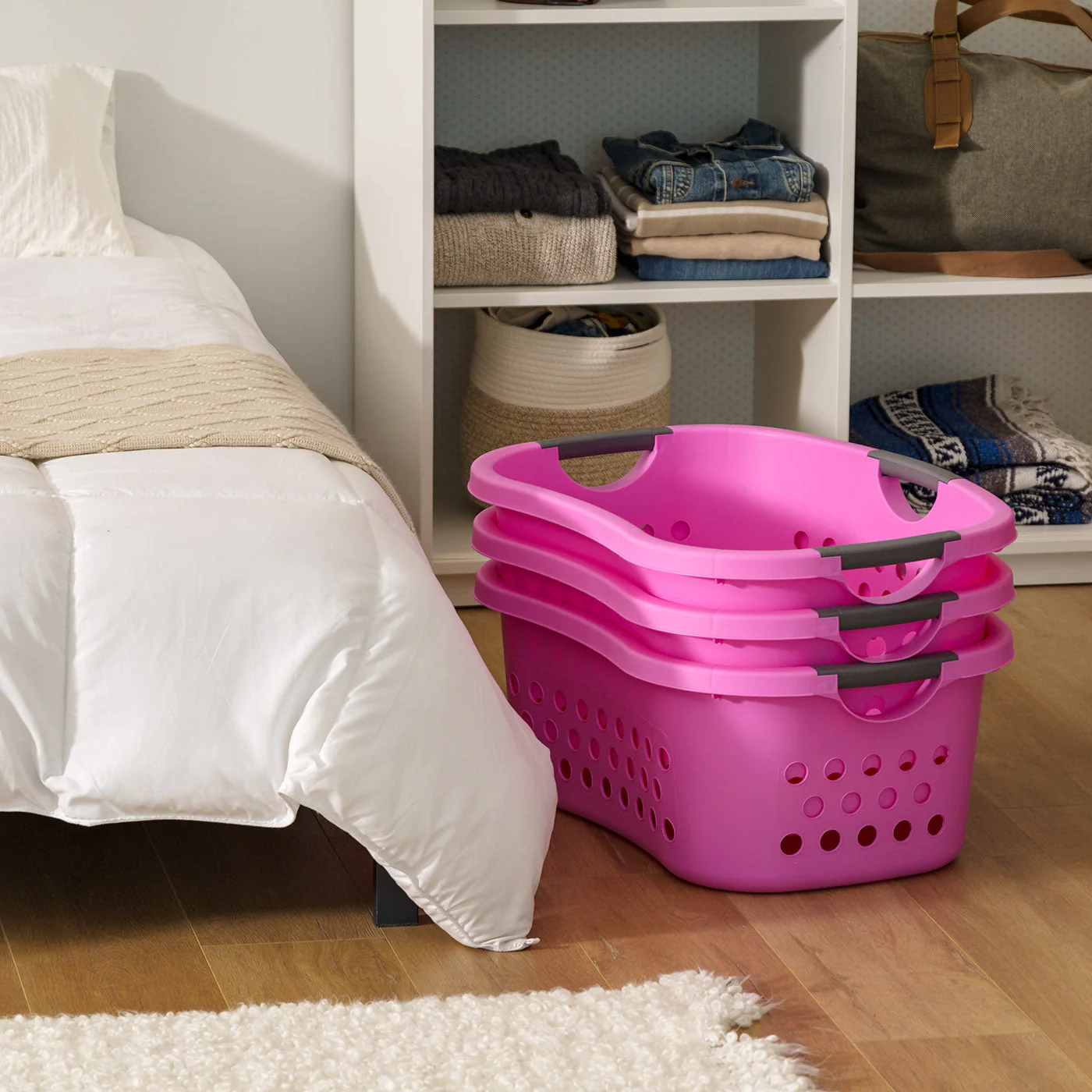 Hip Grip Laundry Basket – Large Pink Plastic Organizer with Comfort Handles, 3-Pack - Image 4