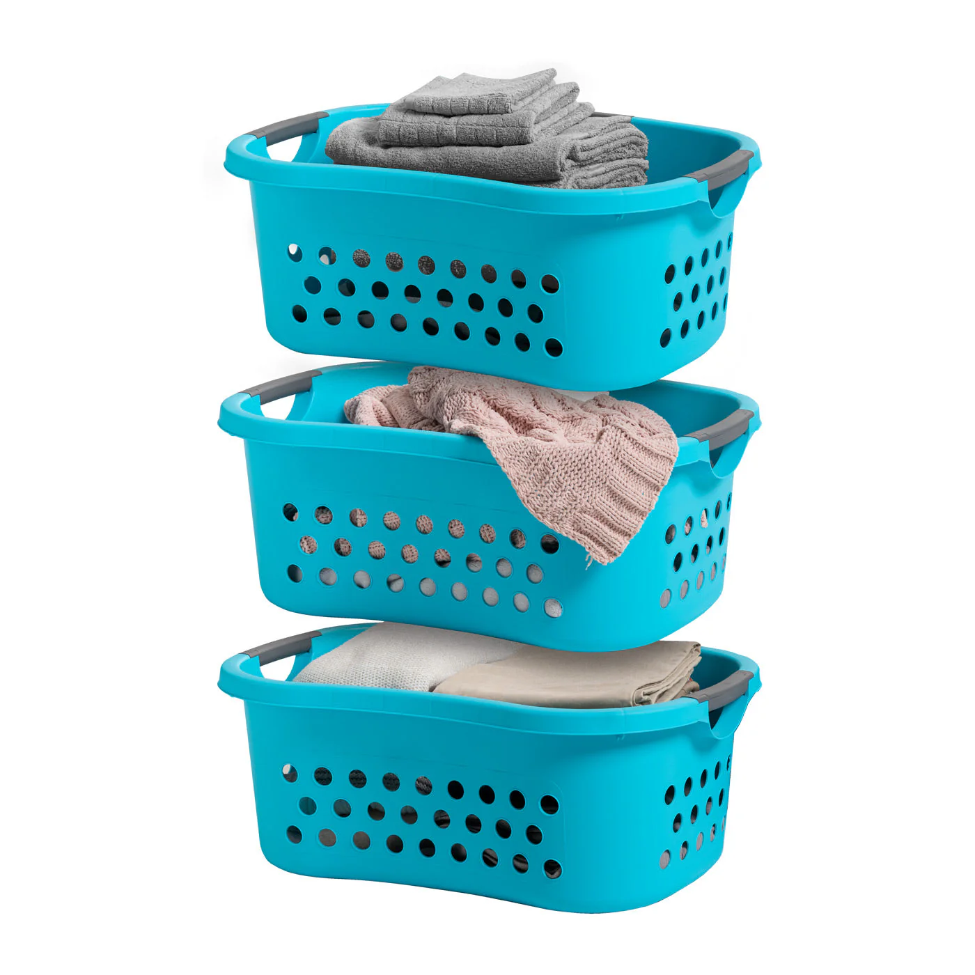 Hip Grip Laundry Basket – Large Teal Plastic Organizer with Comfort Handles, 3-Pack - Image 5