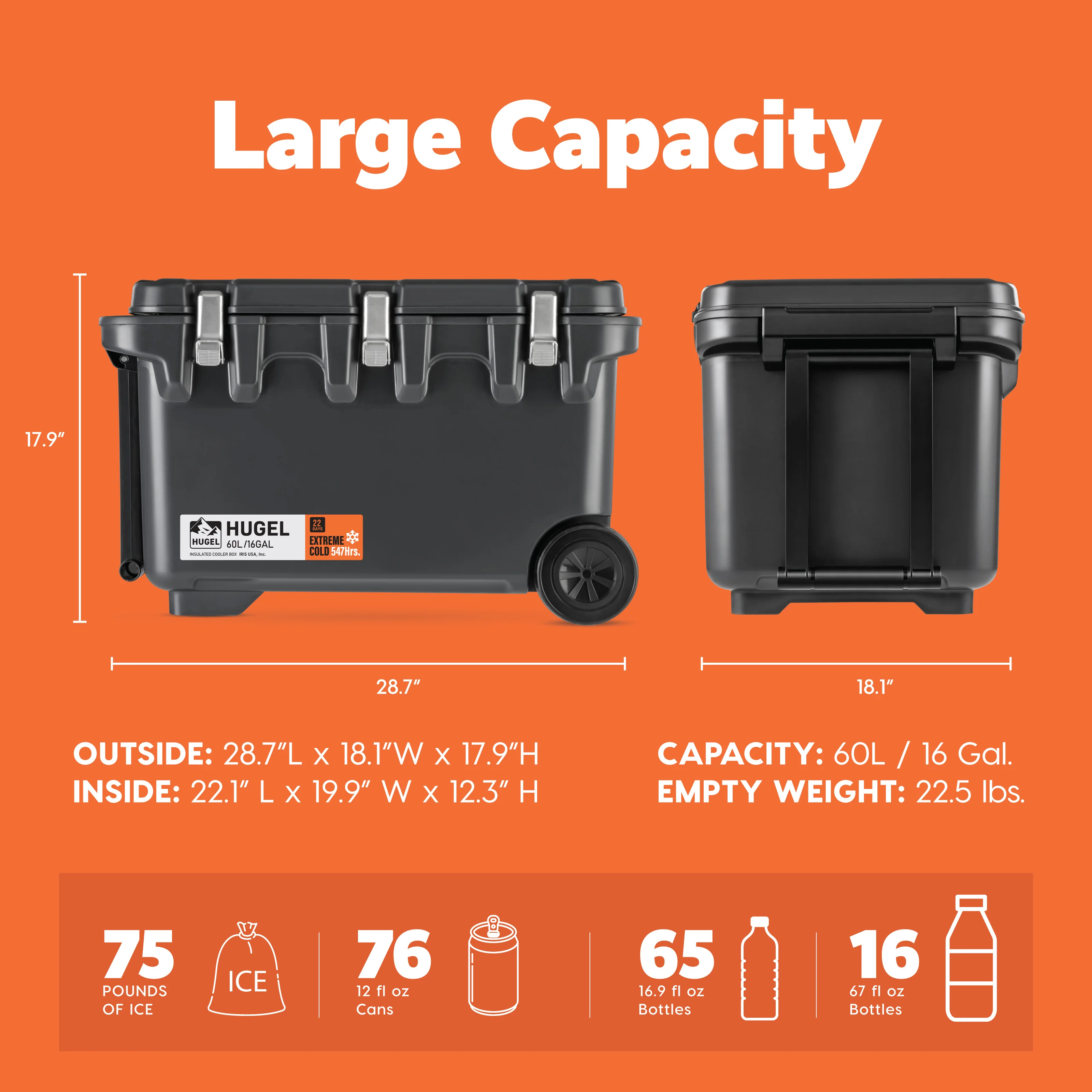 HUGEL 64QT Heavy Duty Lightweight Insulated Cooler with Wheels - Image 3