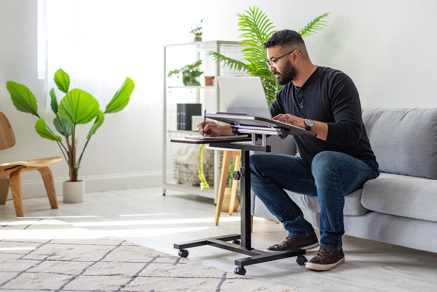 Laptop Cart Adjustable Height and Angle Table with Side Table, Brown - Image 3