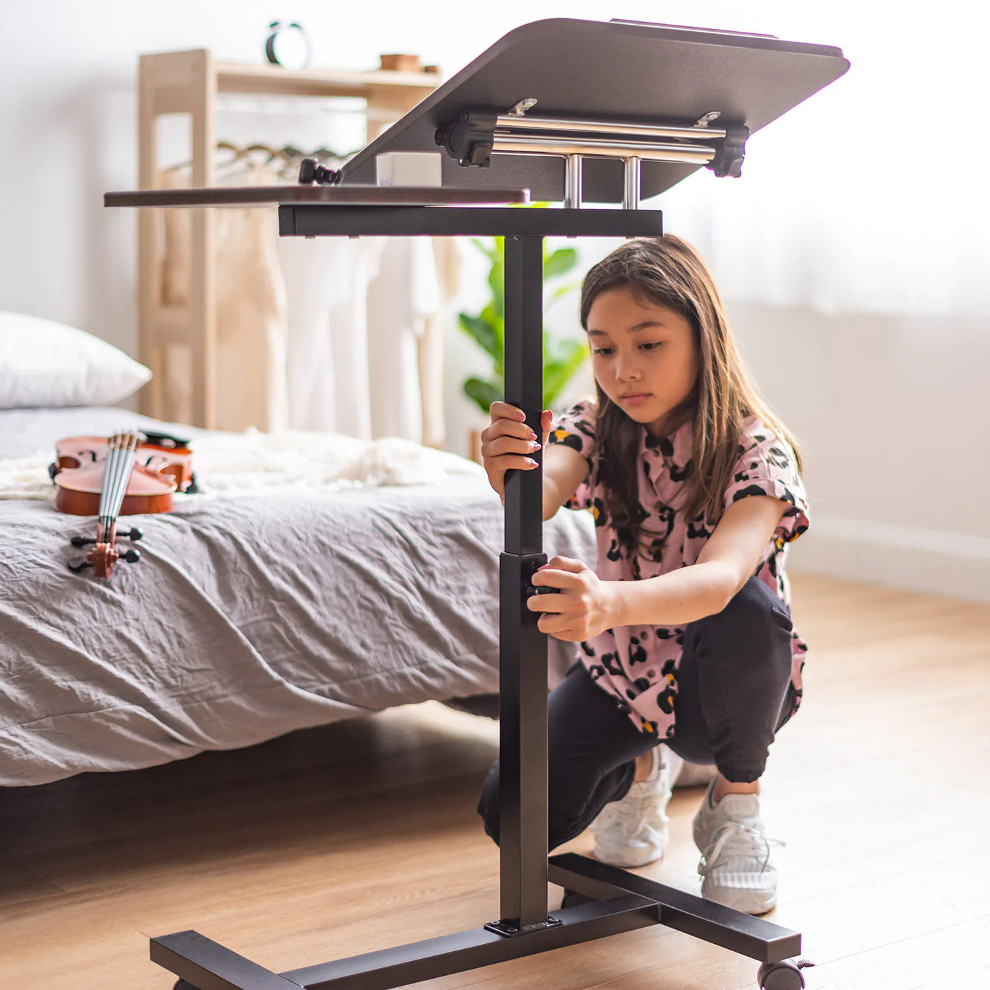 Laptop Cart Adjustable Height and Angle Table with Side Table, Brown - Image 9
