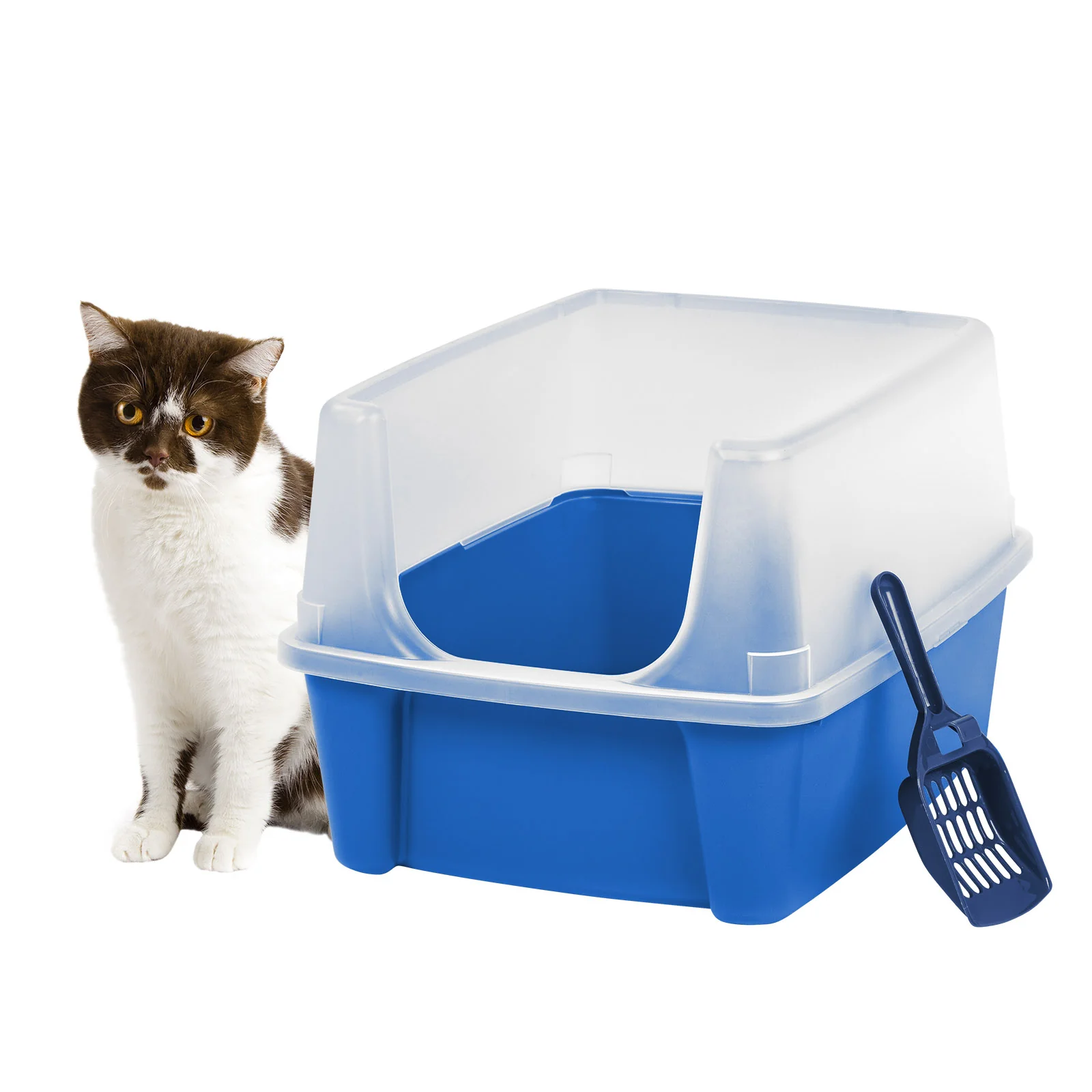 Large Cat Litter Box with Scatter Shield and Scoop, Open Top High Sided Cat Litter Pan, Blue