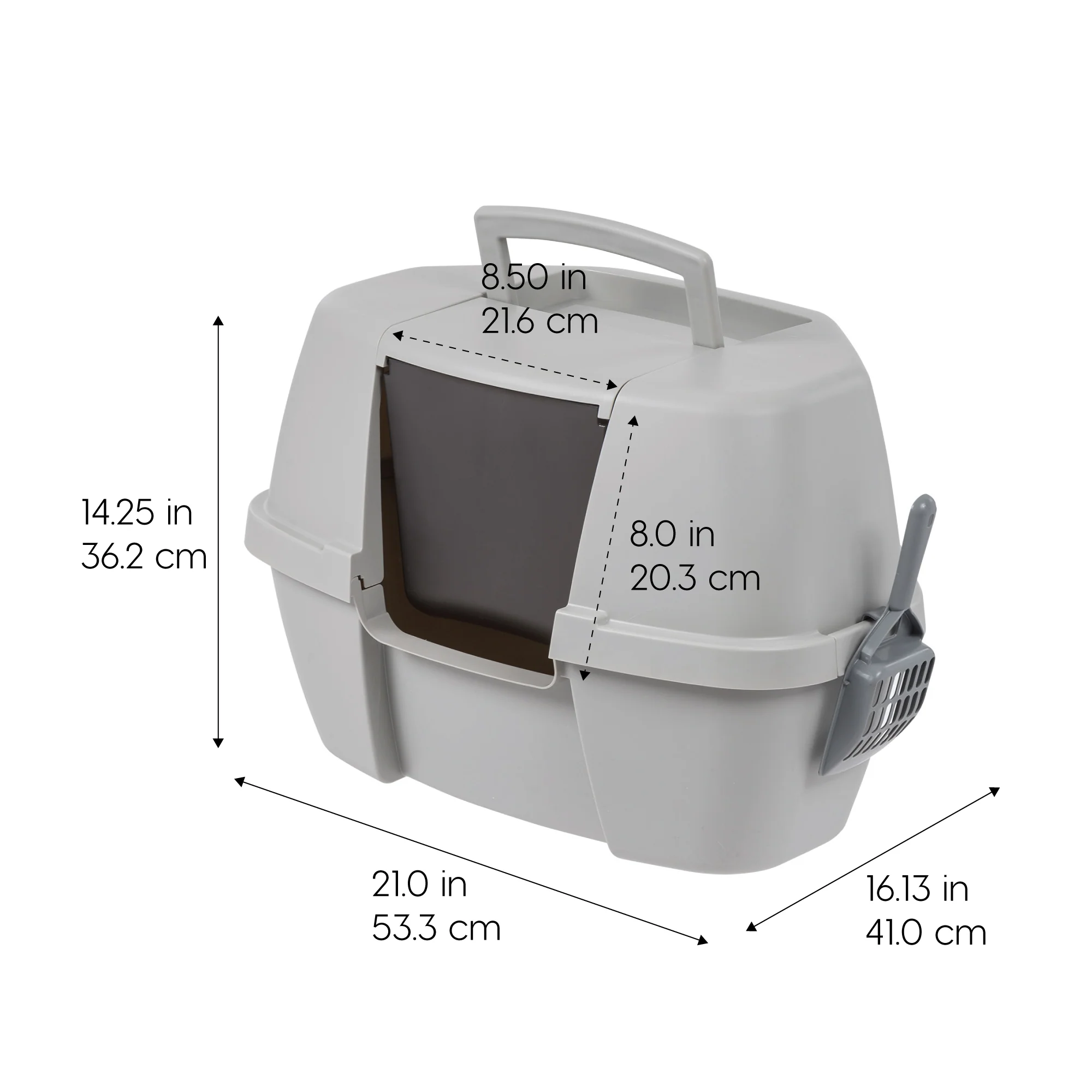 Large Hooded Corner Litter Box with Scoop, Gray - Image 10